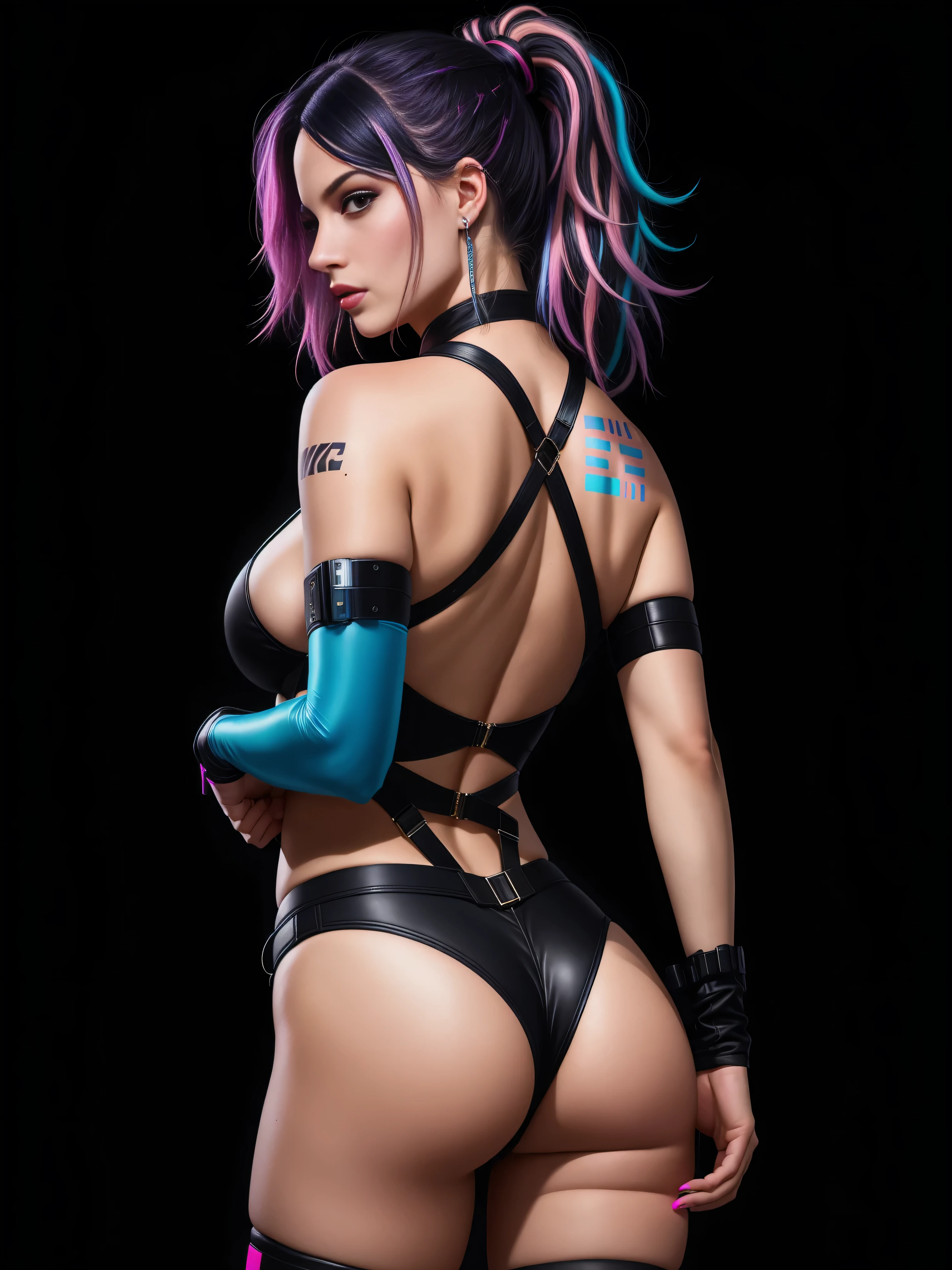 there is Margot Robbie, navy blue and bright purple neon streaked hair, nice ass, hair in pony tail, 3 d neon art of a womans body, neon-noir background, cyberpunk femme fatale, seductive cyberpunk dark fantasy, cyberpunk strip clubs, cyberpunk 20 y. o model girl, oppai cyberpunk, banner, high definition cgsociety, cgsociety masterpiece, trending on cgstation, kda, random hair, looking at camera, gigantic breasts, cleavage, (high detailed skin:1.2), 8k uhd, dslr, super lighting, high quality, film grain, high res, highly detailed, hyper realistic, beautiful face, beautiful body, beautiful eyes nose lips, alluring expression, very bold, upper visible, full body photo, standing legs apart, standing, ((back to camera:1.6)), pale translucent glowing skin, most beautiful face, cute, (well defined pubic hair:1.2)), (dark plain black background:1.4))