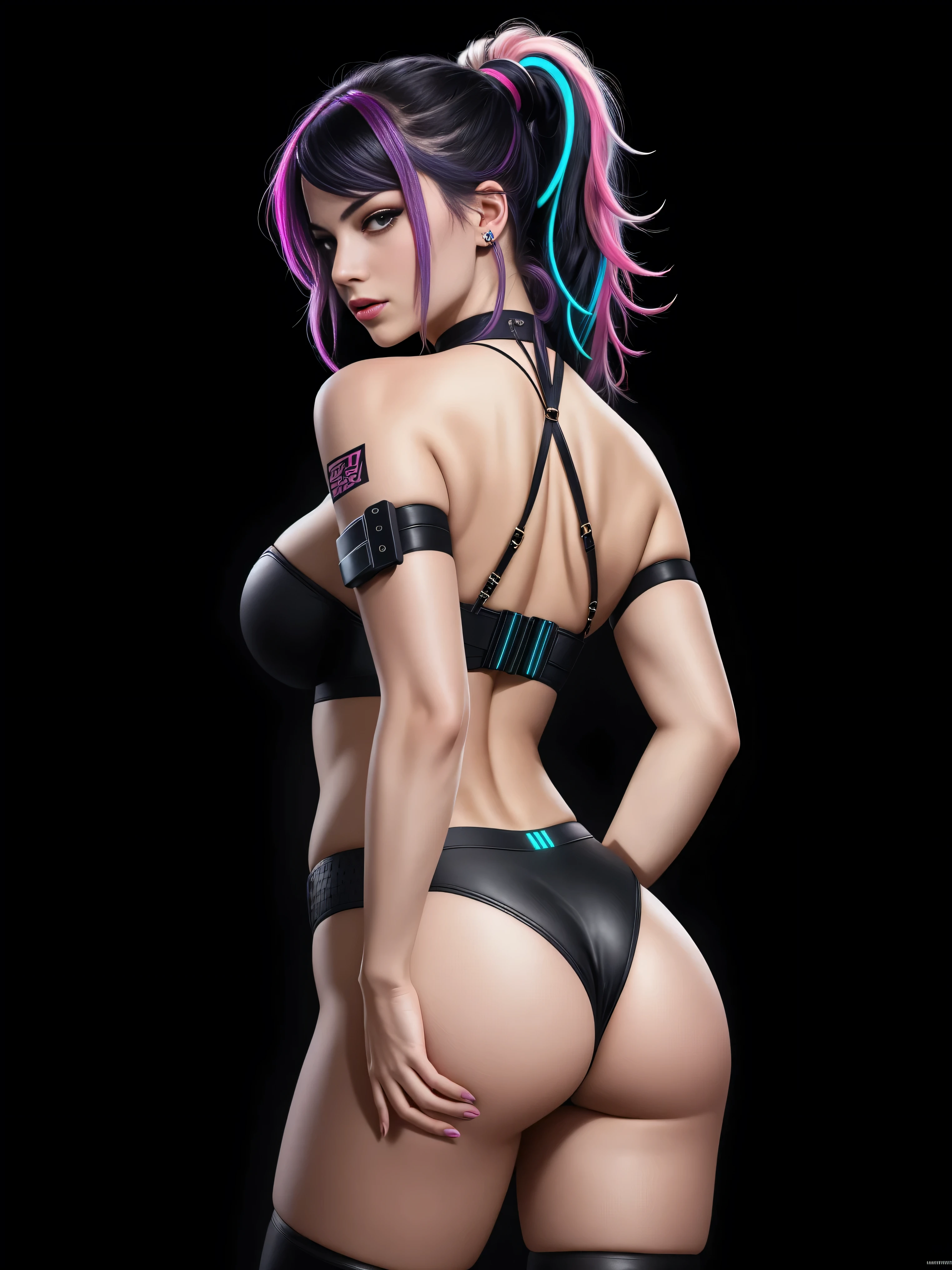there is Margot Robbie, navy blue and bright purple neon streaked hair, nice ass, hair in pony tail, 3 d neon art of a womans body, neon-noir background, cyberpunk femme fatale, seductive cyberpunk dark fantasy, cyberpunk strip clubs, cyberpunk 20 y. o model girl, oppai cyberpunk, banner, high definition cgsociety, cgsociety masterpiece, trending on cgstation, kda, random hair, looking at camera, gigantic breasts, cleavage, (high detailed skin:1.2), 8k uhd, dslr, super lighting, high quality, film grain, high res, highly detailed, hyper realistic, beautiful face, beautiful body, beautiful eyes nose lips, alluring expression, very bold, upper visible, full body photo, standing legs apart, standing, ((back to camera:1.6)), pale translucent glowing skin, most beautiful face, cute, (well defined pubic hair:1.2)), (dark plain black background:1.4))
