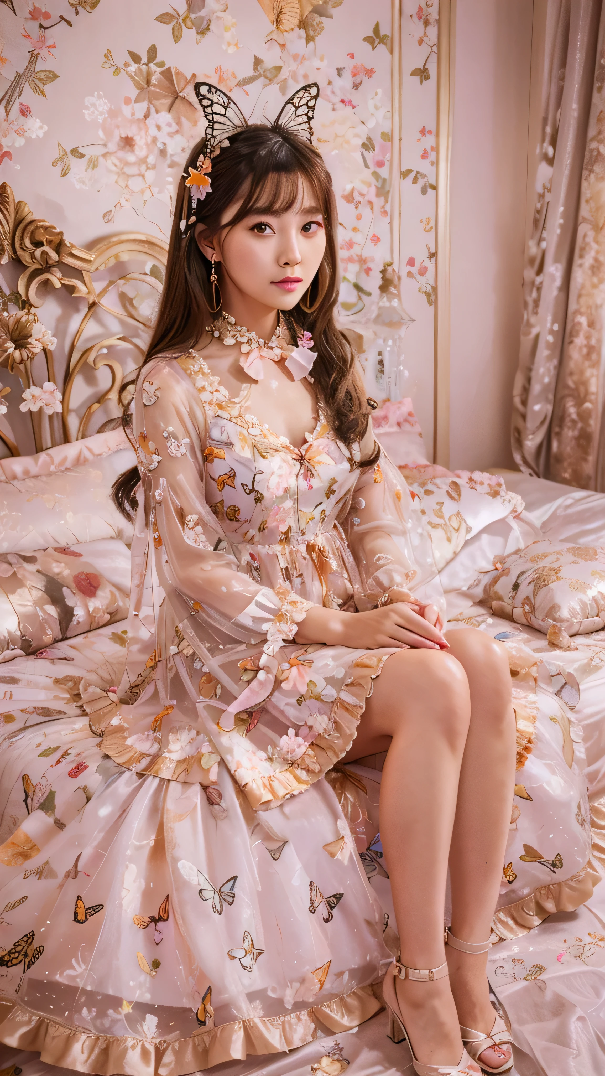 make her dress full transparent, more detail dress ornament, normal eyes, a cute asian girl face, butterfly patern dress, add floral earrings,