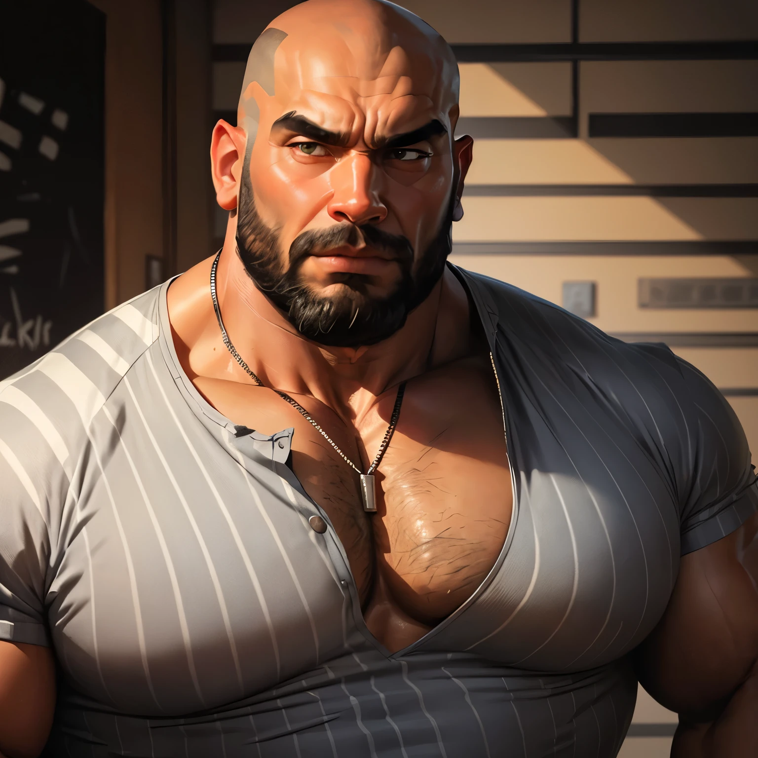 an exaggeratedly muscular and large bald bodyguard, beefy build, beard, mixed race, (wearing striped shirt: 1.2), dogtag necklace, (bara pecs: 1.3), (arm and chest hair: 1.1), close-up portrait HD, grungy prison hallways