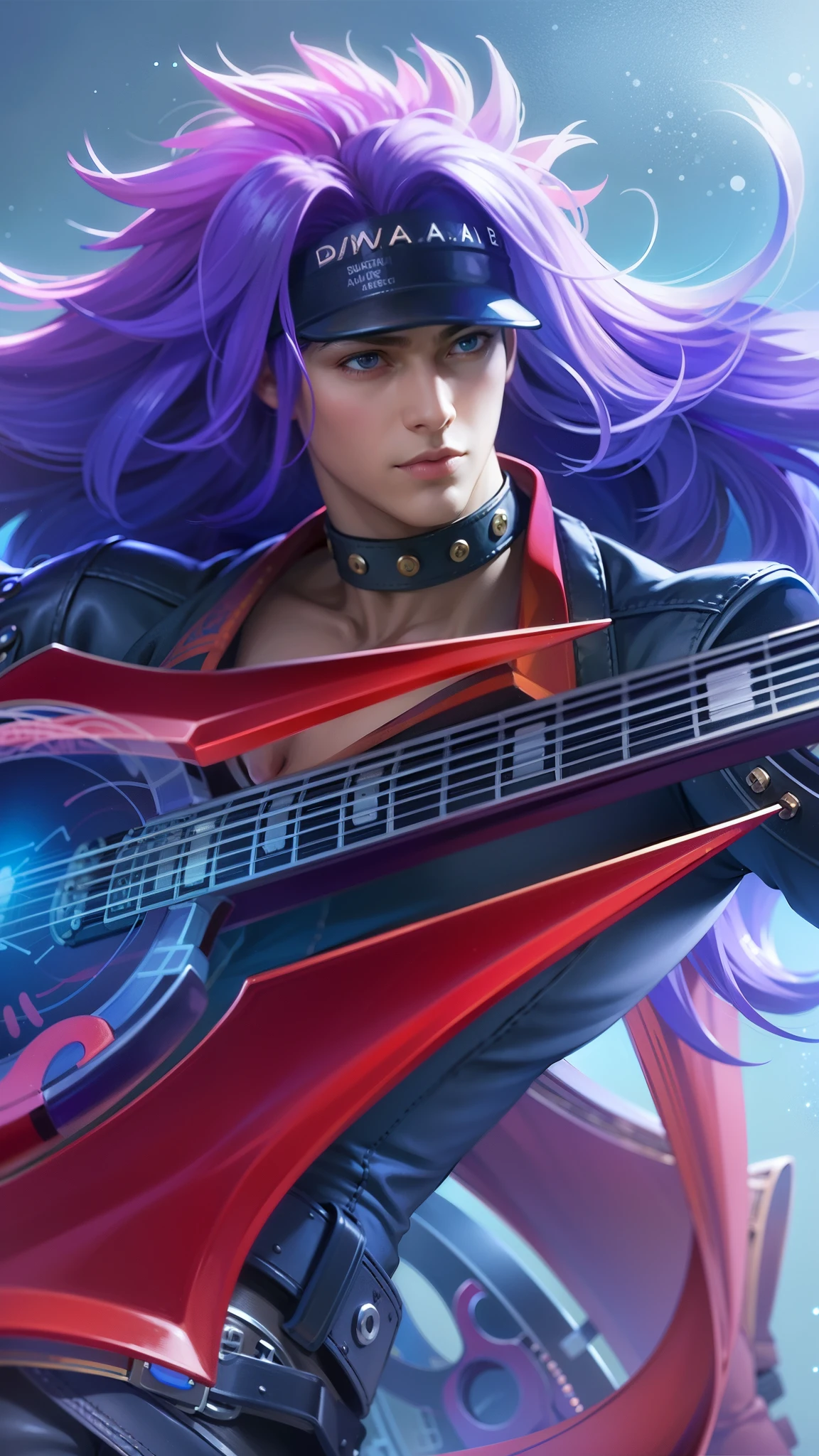 a guy with purple hair and a guitar in her hands, Best quality, masterpiece, detailed skin texture, detailed clothes texture, detailed face, super detail, 8k, intricate detail, 1 boy, The color doesn't change, Muscle guy, 1 guy, blue eyes.