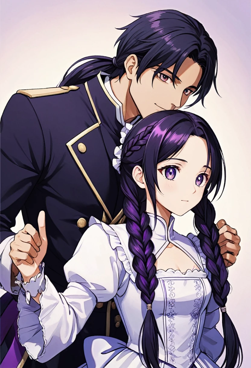 Couple Photo, anime realism, love story, Purple white gradient double braid long ponytail, Black haired man, personality, (masterpiece, best quality, Professional, perfect composition, very aesthetic, absurdres, ultra-detailed, intricate details:1.3)