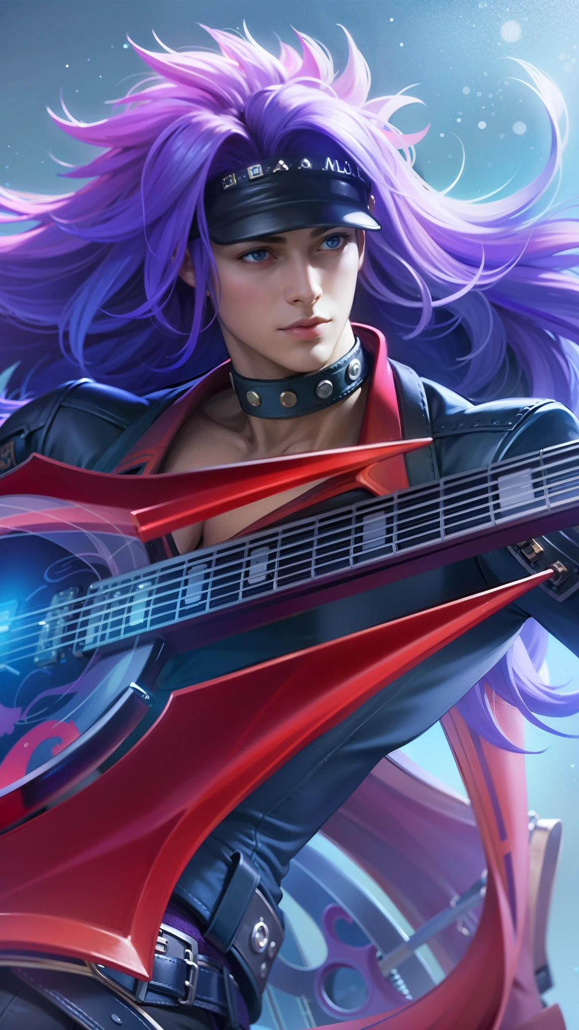 a guy with purple hair and a guitar in her hands, Best quality, masterpiece, detailed skin texture, detailed clothes texture, detailed face, super detail, 8k, intricate detail, 1 boy, The color doesn't change, Muscle guy, 1 guy, blue eyes.