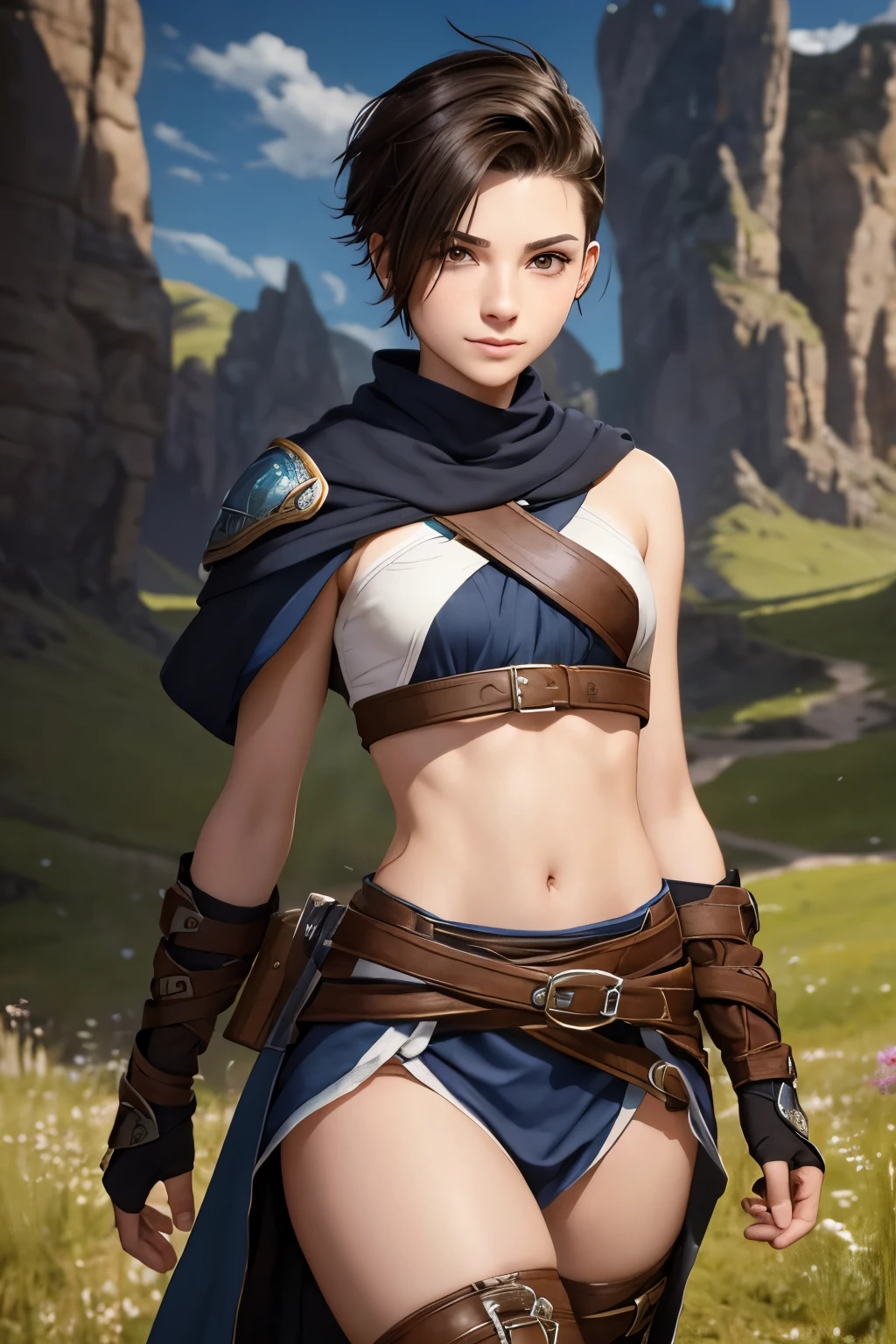 A happy young woman with an undercut in a fantasy setting. An adventurer and a ranger. Very androgynous looking. In a good mood. Sympathic. Tomboyish. Androgynous. Slim body. Very . Very small breasts. Wide hips. Thick legs. Face: Extremly pale skin with liverspots and freckles. Soft narrow face with a round chin. Soft small jaw. Big forehead. Very thin barely visible eyebrows. Upturned big dark-brown eyes. Dark-brown eyecolour. Very long and wide nose. Big curved lips. Very short dark-brown hair. A boyish short haircut. Undercut. Sides shaved. A tight black fantasy outfit of a lonley adventurer and ranger. Background: green meadow and a blue sky.