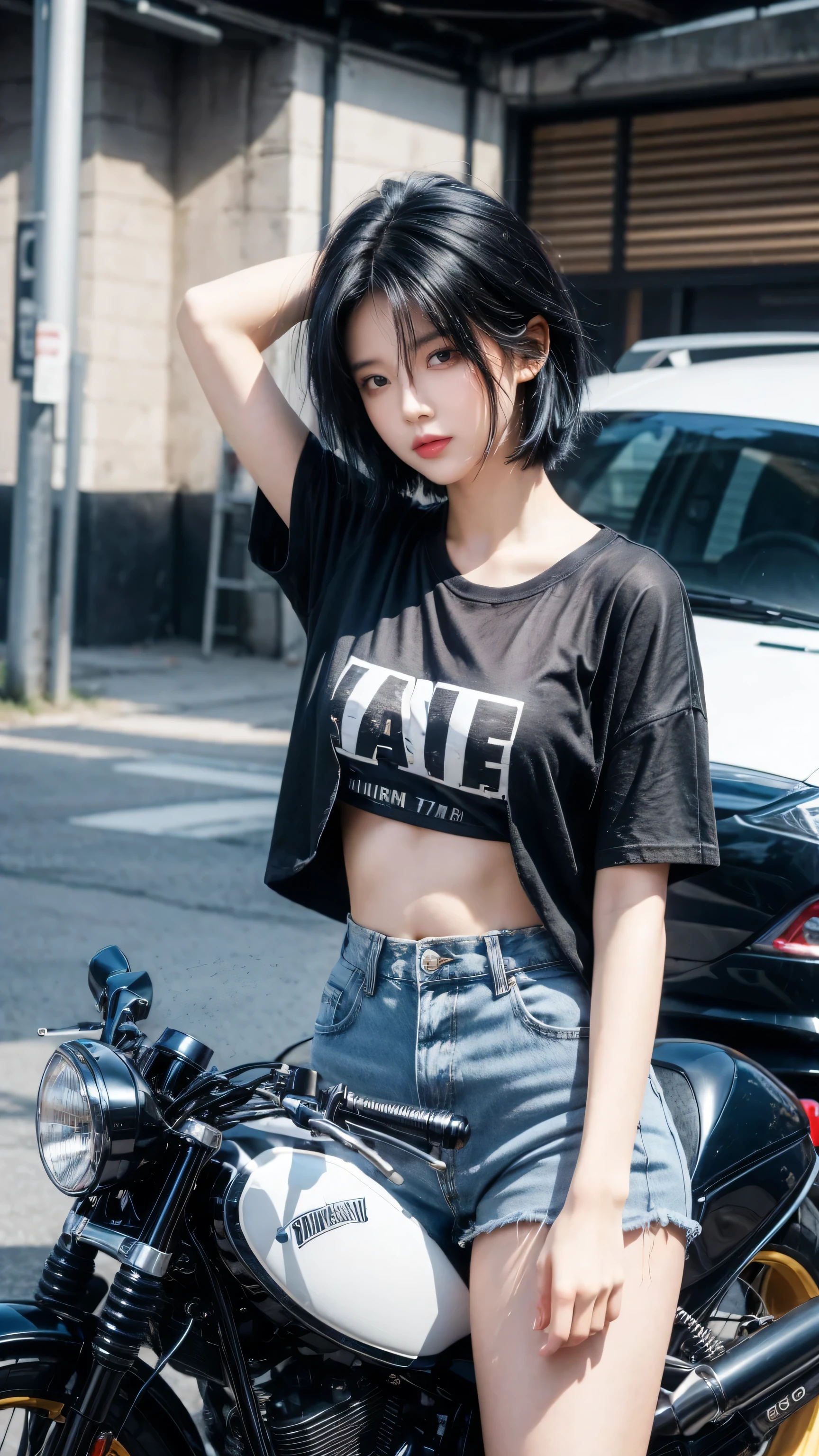 best quality, 1 Girl, dark blue hair, black eyes, Very short hair, Spiky hair, dark blue oversize t-shirt, High waist short jeans, 171 cm, Messy hair, Hair between the eyes, Medium breasts, full, Tomboy, aldult, 20 years old, 1 Girl near motorcycle