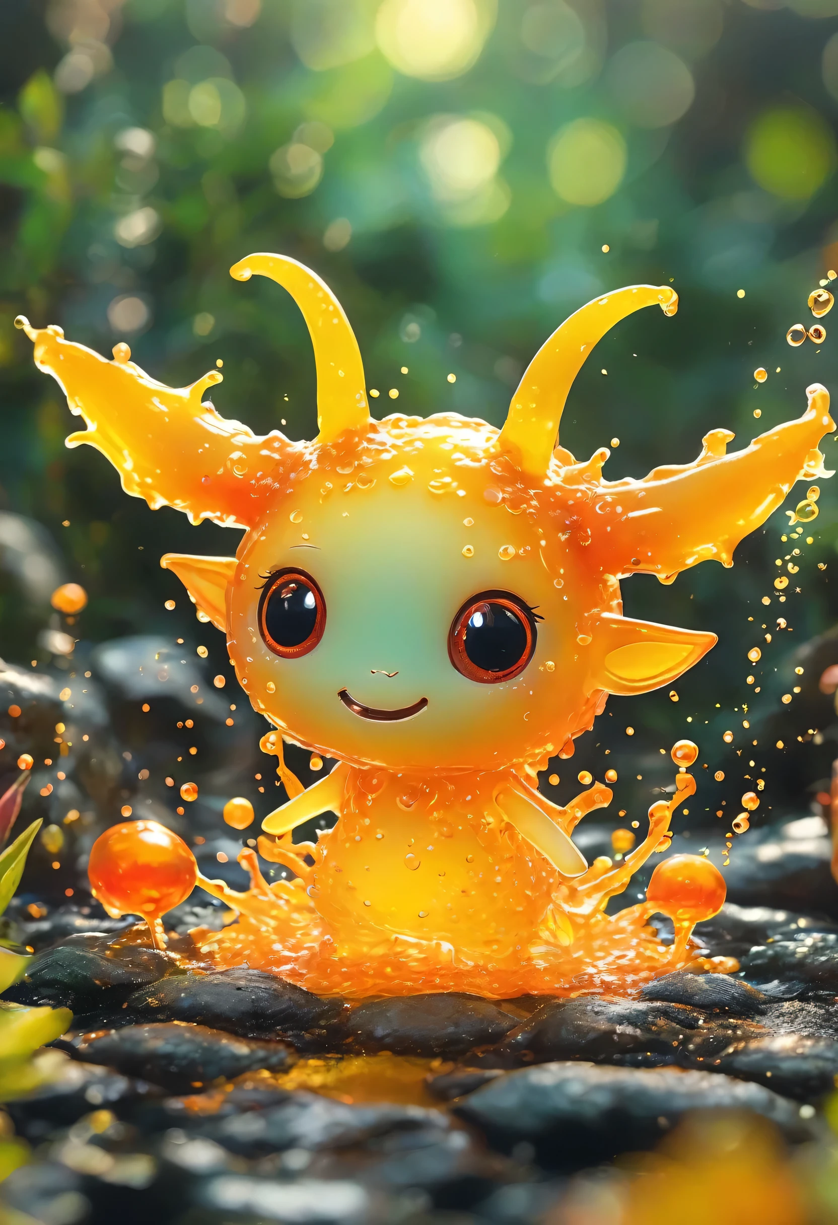 melhor qualidade, muito bom, 16k, Ridiculous, extremamente detalhado, Cute round slime demon,It has horns made of translucent boiling lava, pastagem de fundo((Uma obra-prima cheia de elementos de fantasia))), ((melhor qualidade)), ((detalhes intrincados))(8K)