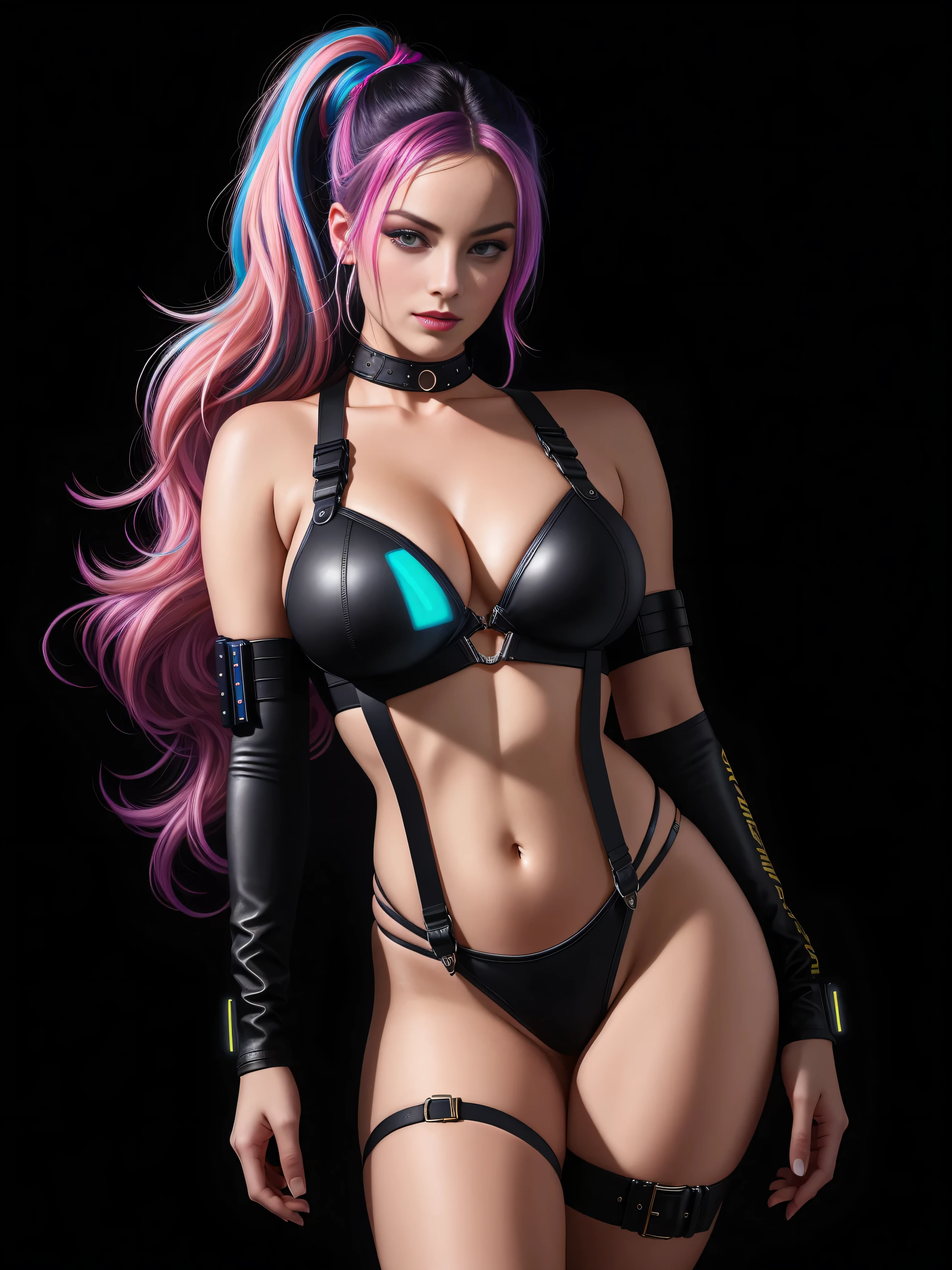there is Margot Robbie, navy blue and bright purple neon streaked hair, hair in pony tail, 3 d neon art of a womans body, neon-noir background, cyberpunk femme fatale, seductive cyberpunk dark fantasy, cyberpunk strip clubs, cyberpunk 20 y. o model girl, oppai cyberpunk, banner, high definition cgsociety, cgsociety masterpiece, trending on cgstation, kda, random hair, looking at camera, gigantic breasts, cleavage, (high detailed skin:1.2), 8k uhd, dslr, super lighting, high quality, film grain, high res, highly detailed, hyper realistic, beautiful face, beautiful body, beautiful eyes nose lips, alluring expression, very bold, upper visible, full body photo, standing legs apart, pale translucent glowing skin, most beautiful face, cute, (well defined pubic hair:1.2)), (dark plain black background:1.4))