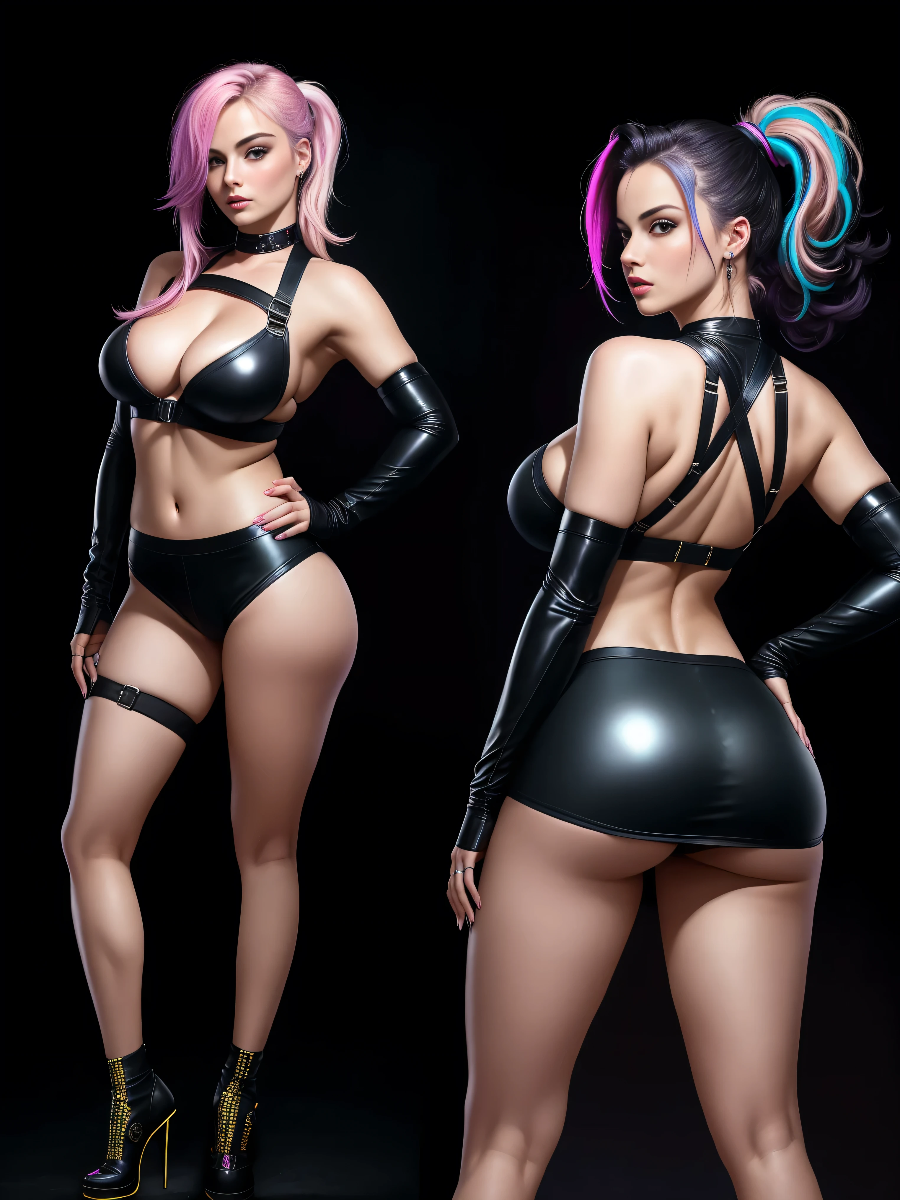 there is Margot Robbie, navy blue and bright purple neon streaked hair, (nice ass:1.6), (standing back to camera:1.6), (standing legs apart looking over shoulder:1.6), (hair in pony tail:1.4), 3 d neon art of a womans body, neon-noir background, cyberpunk femme fatale, seductive cyberpunk dark fantasy, cyberpunk strip clubs, cyberpunk 20 y. o model girl, oppai cyberpunk, banner, high definition cgsociety, cgsociety masterpiece, trending on cgstation, kda, random hair, looking at camera, gigantic breasts, cleavage, (high detailed skin:1.2), 8k uhd, dslr, super lighting, high quality, film grain, high res, highly detailed, hyper realistic, beautiful face, beautiful body, beautiful eyes nose lips, alluring expression, very bold, upper visible, full body photo, pale translucent glowing skin, most beautiful face, cute, (well defined pubic hair:1.2)), (dark plain black background:1.4))
