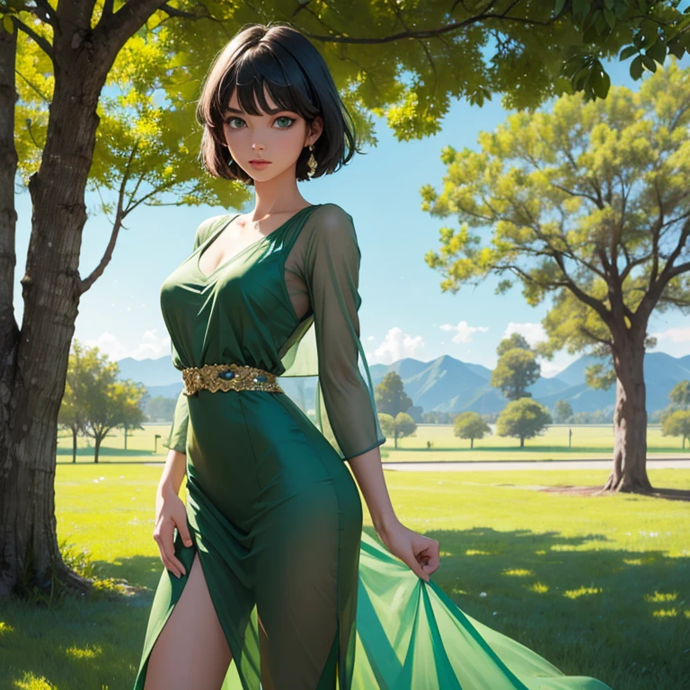 Girl standing at tree ,green eyes ,green short hair ,green transparent long dress,masterpiece ,8k 