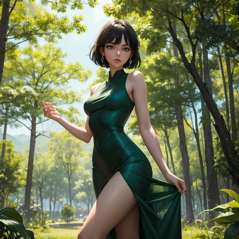 Girl standing at tree ,green eyes ,green short hair ,green transparent long dress,masterpiece ,8k 