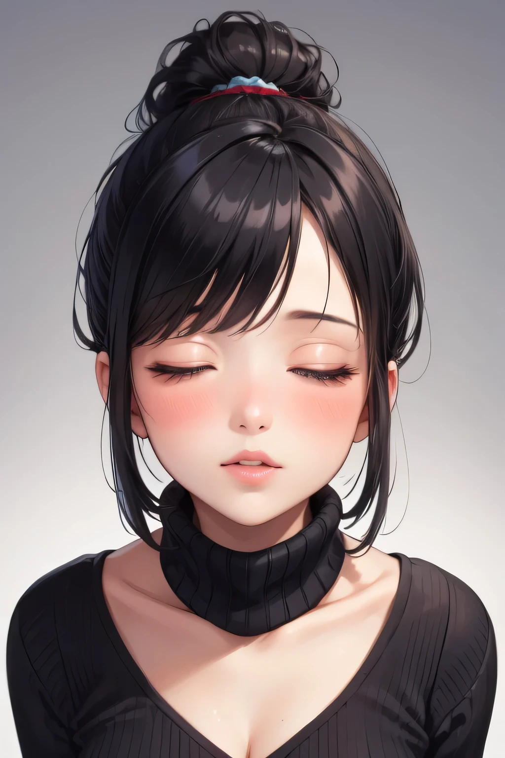(best quality, highres:1.2), ultra-detailed, realistic:1.37, portraits, seductive gaze,detailed beautiful eyes,detailed long eyelashes,detailed lips,parted lips,intense blush,soft smile,soft smile and gaze,sexy woman, ponytail hairstyle, black hair,luscious black hair,cute ponytail,green sweater,cream cargo pants, medium chest, perfect body