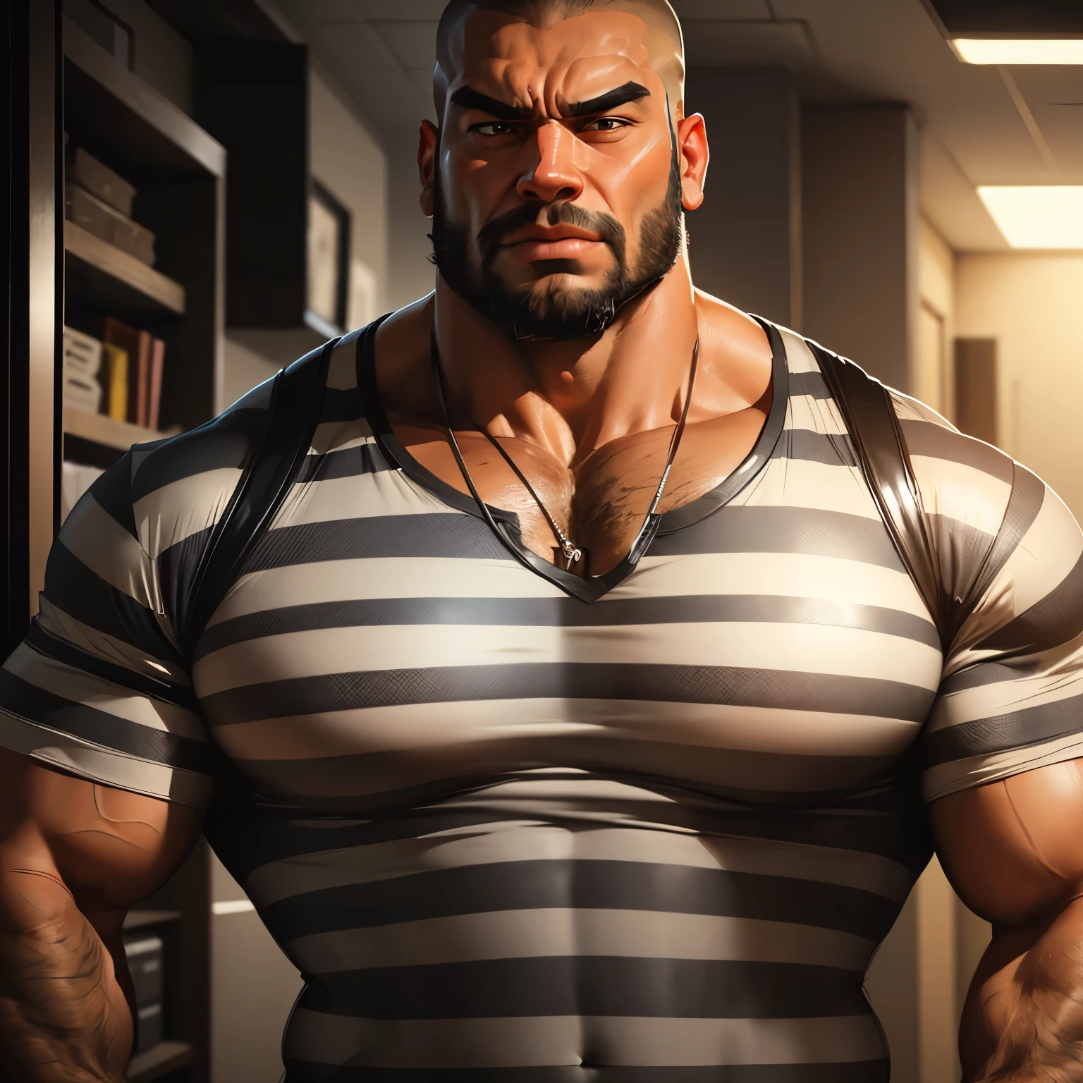 an exaggeratedly muscular and large bald bodyguard, beefy build, beard, mixed race, (wearing striped shirt: 1.2), dogtag necklace, (bara pecs: 1.3), (arm and chest hair: 1.1), close-up portrait HD, grungy prison hallways