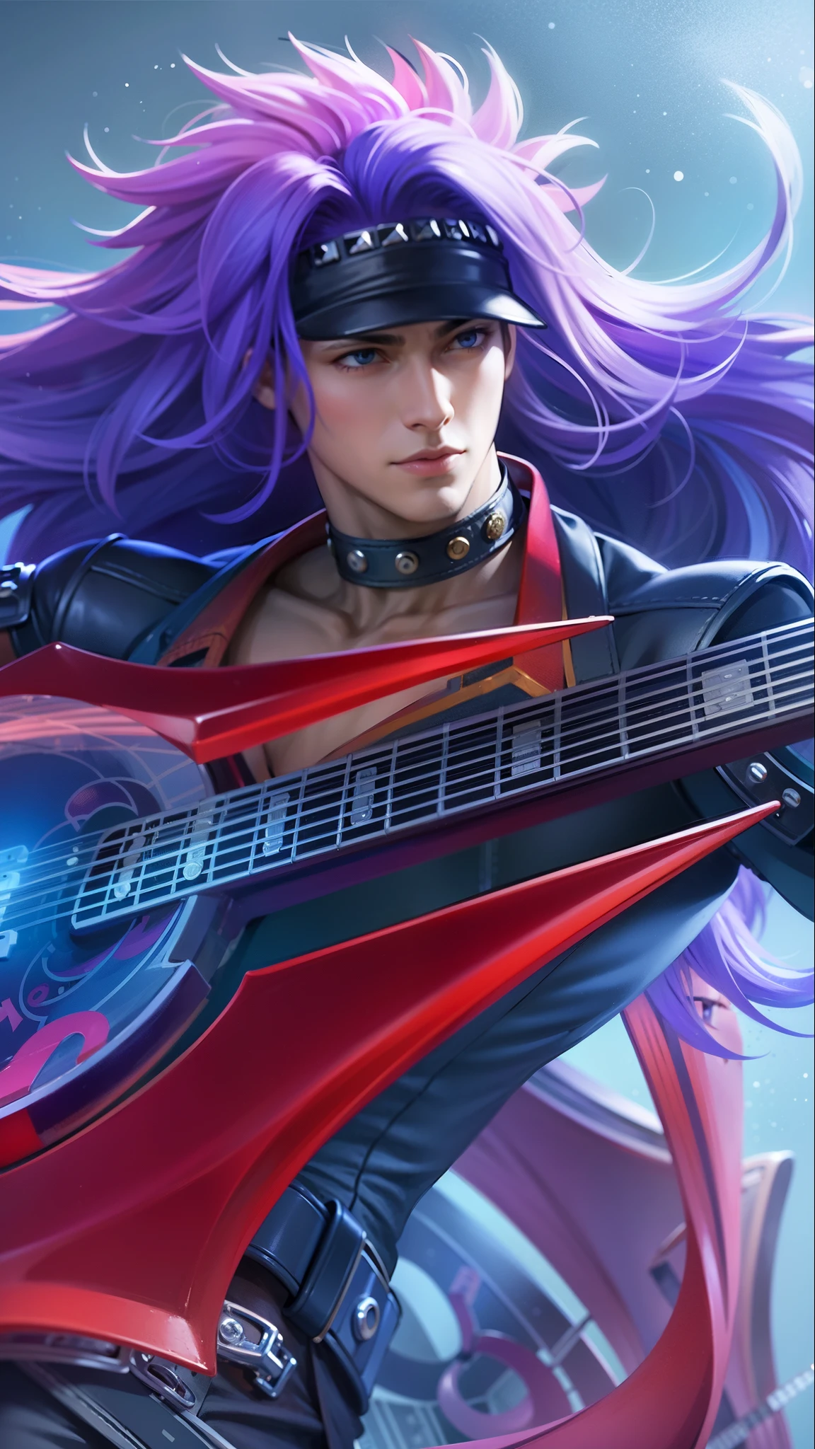 a guy with purple hair and a guitar in her hands, Best quality, masterpiece, detailed skin texture, detailed clothes texture, detailed face, super detail, 8k, intricate detail, 1 boy, The color doesn't change, Muscle guy, 1 guy, blue eyes.