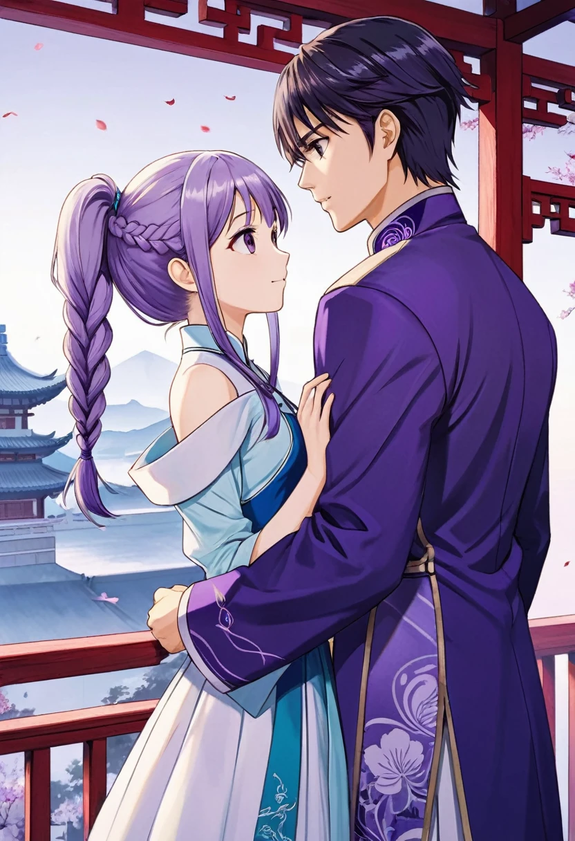 Couple Photo, anime realism, love story, Purple white gradient double braid long ponytail, chinese boy, personality, (masterpiece, best quality, Professional, perfect composition, very aesthetic, absurdres, ultra-detailed, intricate details:1.3)