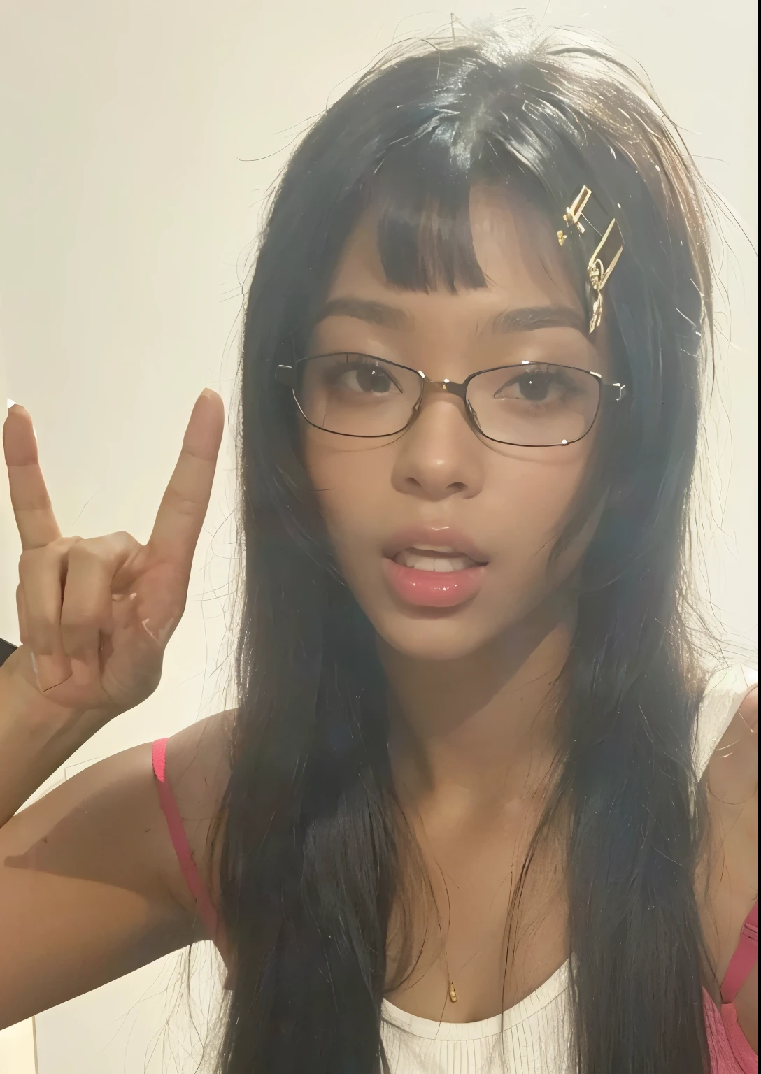 arafed woman con gafas making a peace sign with her fingers, con gafas, pelo negro largo ondulado y gafas, con gafas on, headshot foto de perfil, nerdy black girl superhero, gafas gruesas, Foto de perfil, foto de perfil, taken in the late 2000s, ella usa gafas de harry potter, taken in the mid 2000s