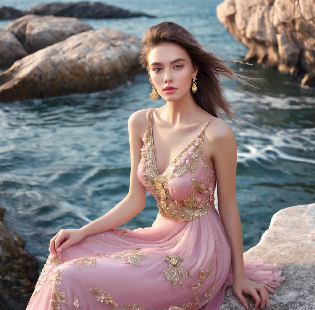 beautiful girl, beautiful face, pink dress with gold accents. sitting on a stone near the sea. hyperdetail, stylization, composition