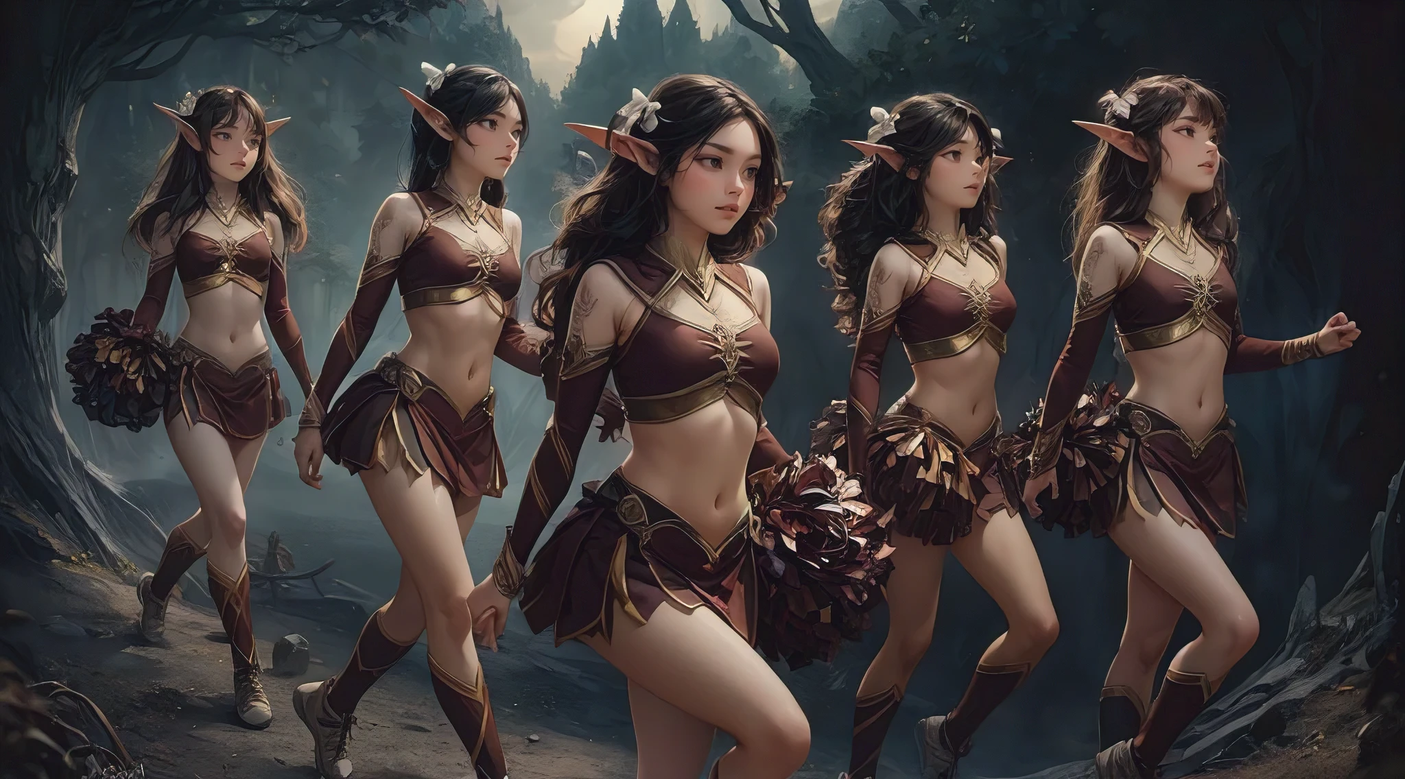 5 female asian cheerleaders with hug breasts like elf with a dark fantasy and surrealism style, full-length, brown tones painted in the style of John William Waterhouse.