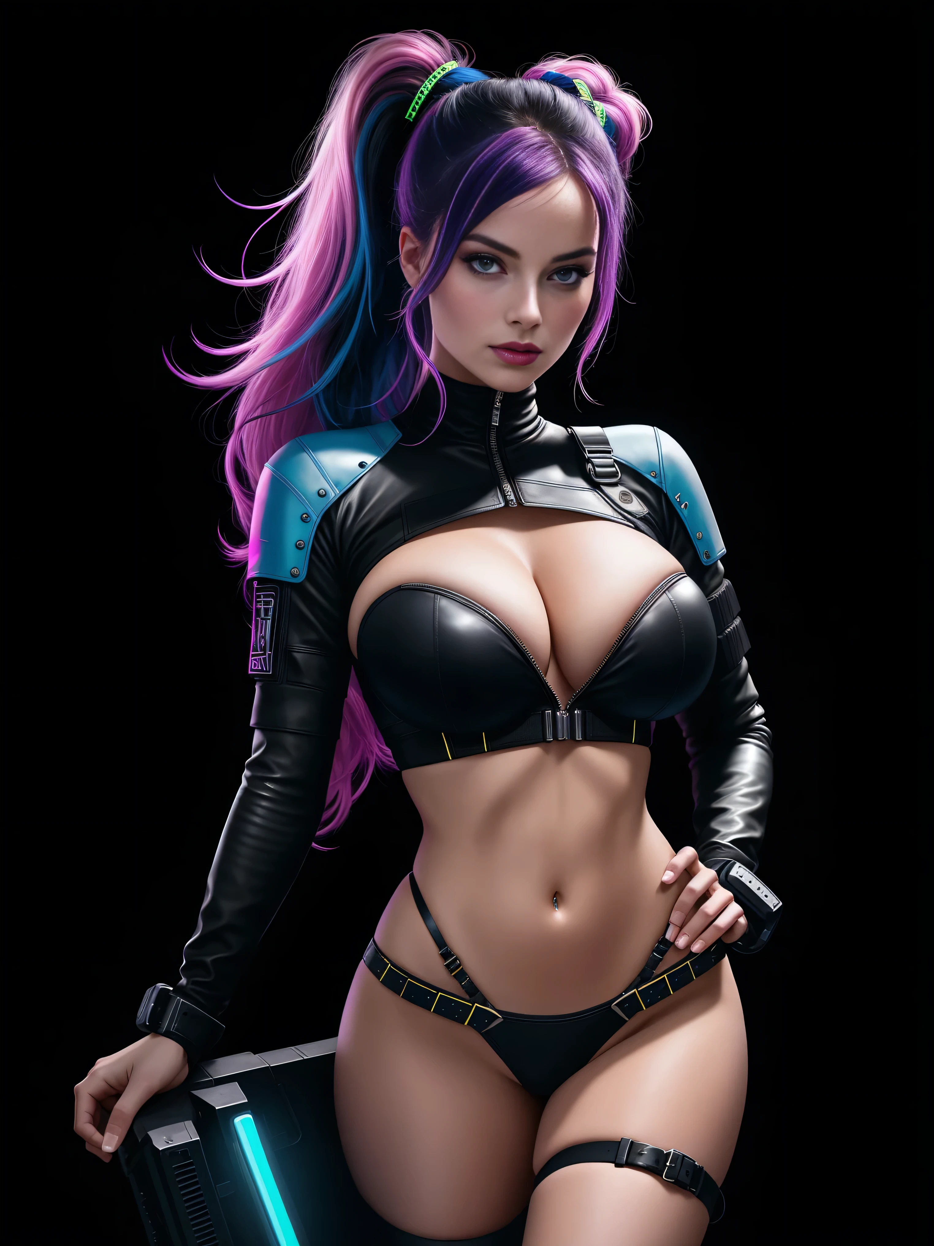 there is Margot Robbie, navy blue and bright purple neon streaked hair, hair in pony tail, 3 d neon art of a womans body, neon-noir background, cyberpunk femme fatale, seductive cyberpunk dark fantasy, cyberpunk strip clubs, cyberpunk 20 y. o model girl, oppai cyberpunk, banner, high definition cgsociety, cgsociety masterpiece, trending on cgstation, kda, random hair, looking at camera, gigantic breasts, cleavage, (high detailed skin:1.2), 8k uhd, dslr, super lighting, high quality, film grain, high res, highly detailed, hyper realistic, beautiful face, beautiful body, beautiful eyes nose lips, alluring expression, very bold, upper visible, full body photo, standing legs apart, pale translucent glowing skin, most beautiful face, cute, (well defined pubic hair:1.2)), (dark plain black background:1.4))