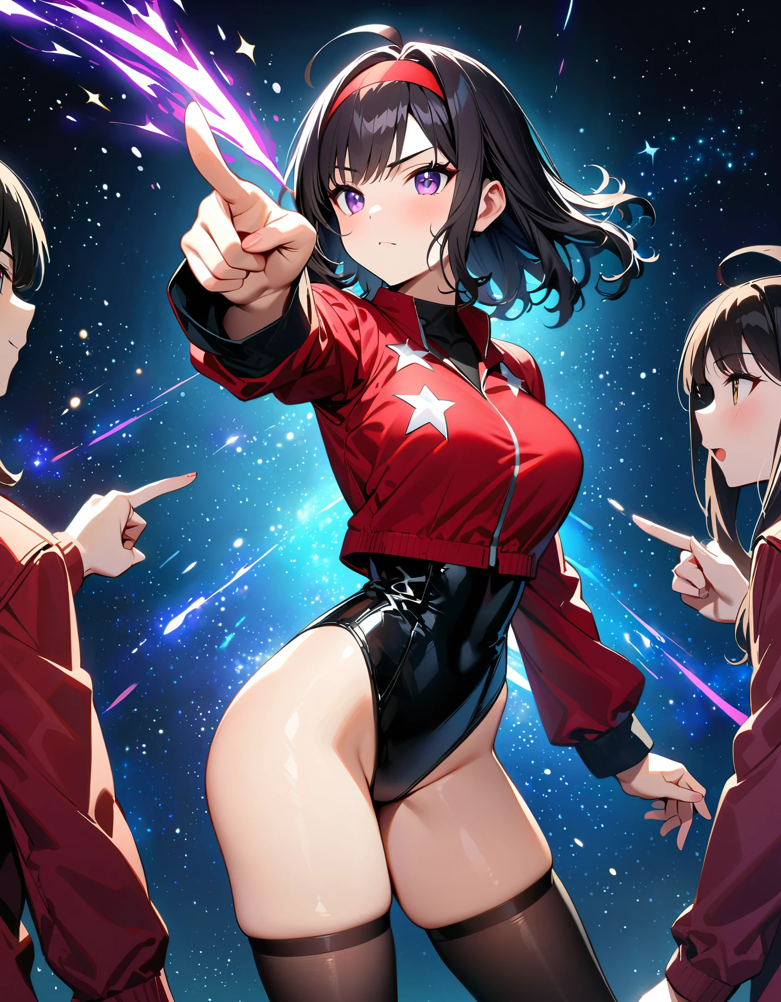 masterpiece, highly detailed, best quality, high quality, solo, solo focus, 1girl, college-age woman, brown eyes, (medium hair, black hair, wavy hair, red hairband), ahoge, (white blouse with black star (symbols), red jacket with star (symbols), open jacket), medium breasts, (black leotard), (bare legs), (black thigh-highs, red high-heel shoes), purple stellar energy around, cosmic power, cosmic shining power. (purple eyes, beautiful detailed eyes), beautiful detailed face, cute face, (perfect hands), complete fingers, perfect anatomy, perfect proportions. (pointing index finger with right hand), (casting a spell). full body costume design, full body, cowboy shot. serious