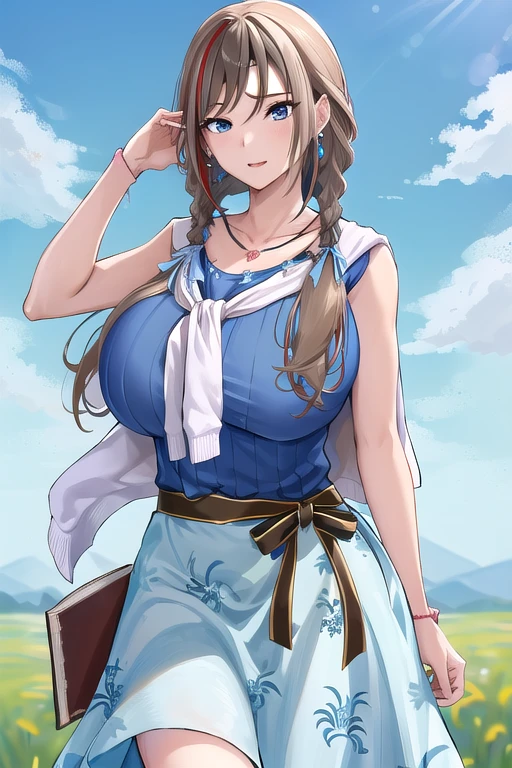 masterpiece, best quality, highres, aanatsume, long hair, multicolored hair, twin braids, hair ribbon, blue ribbon, hair over shoulder, earrings, collarbone, necklace, stole, blue shirt, sleeveless, bracelet, sash, black ribbon, floral print, blue skirt, standing, cowboy shot, outdoors, field, blue sky, holding book, book, ((gigantic sagging breasts, large breasts, gigantic breasts, sagging breasts)),(saggy tits:1.1),(sagging breast:1.1),(huge breasts:1.8)