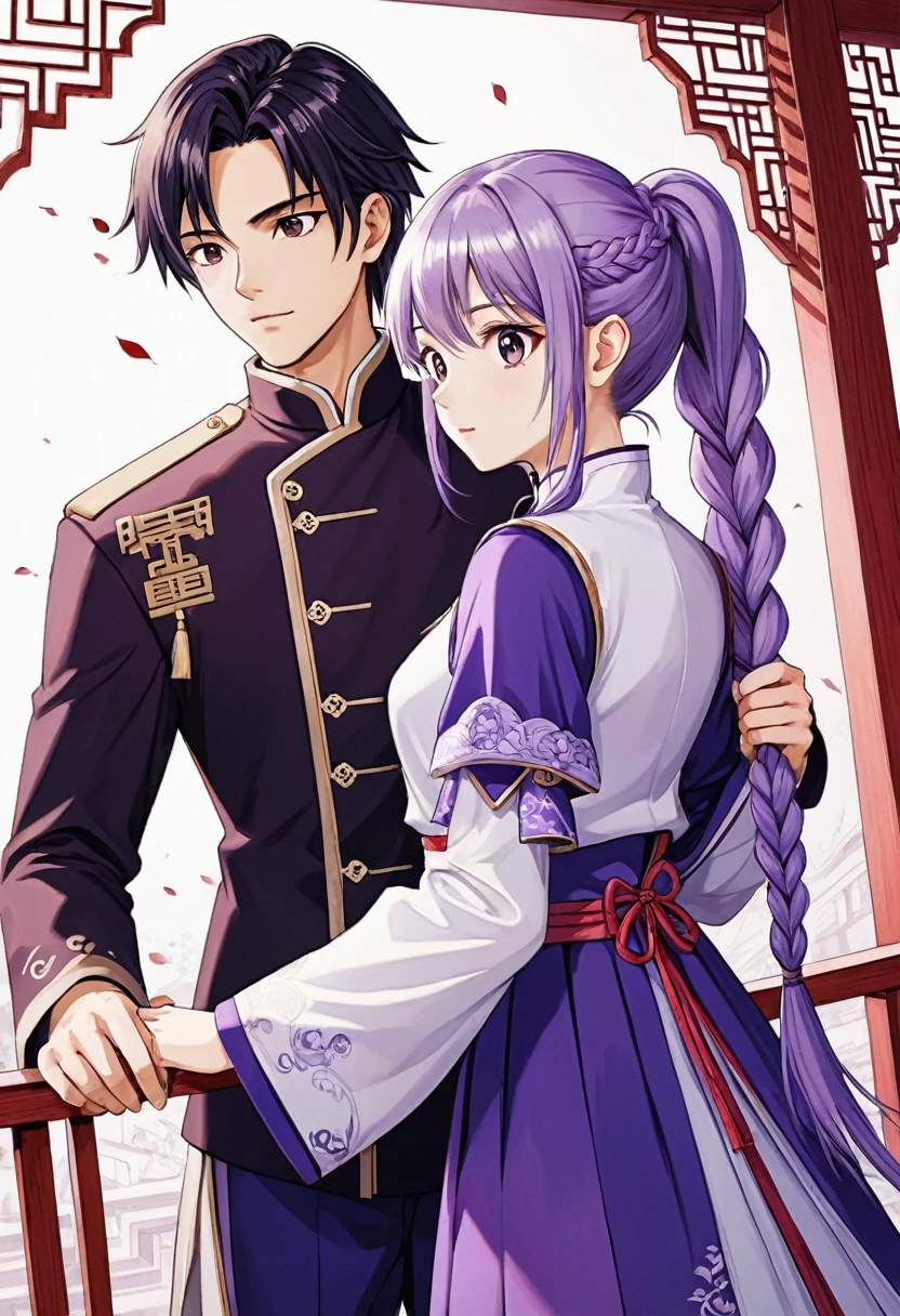 Couple Photo, anime realism, love story, Purple white gradient double braid long ponytail, chinese boy, personality, (masterpiece, best quality, Professional, perfect composition, very aesthetic, absurdres, ultra-detailed, intricate details:1.3)