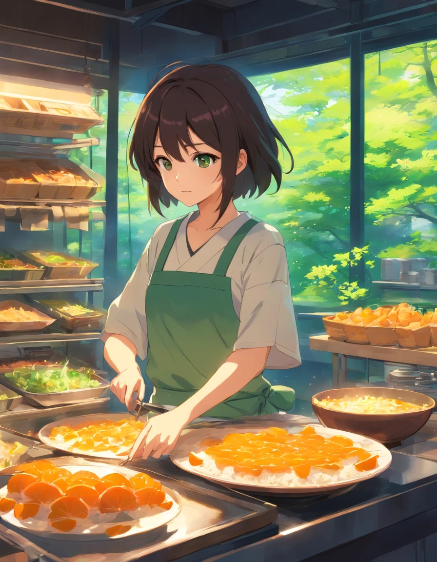 Garota fazendo comida, Japanese version, cabelos longos escuros preto, olhos verdes, roupa japonesa laranja, cozinha antiga, com janela refletindo a floresta