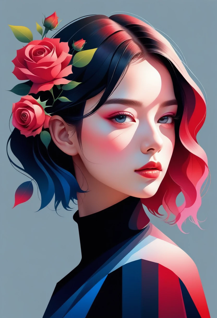 (((vector,flat form style,illustration,digital art illustration))),1 girl,Unique,pretty face,profile,portrait,Shoulder,Black high neck,Geometric gradients,artistic conception,Abstract,Minimalism,minimalist lines,portrait,blue flower, flower, gradient, gradient background, grey background, pink flower, red flower, red rose, rose, solo, sunflower