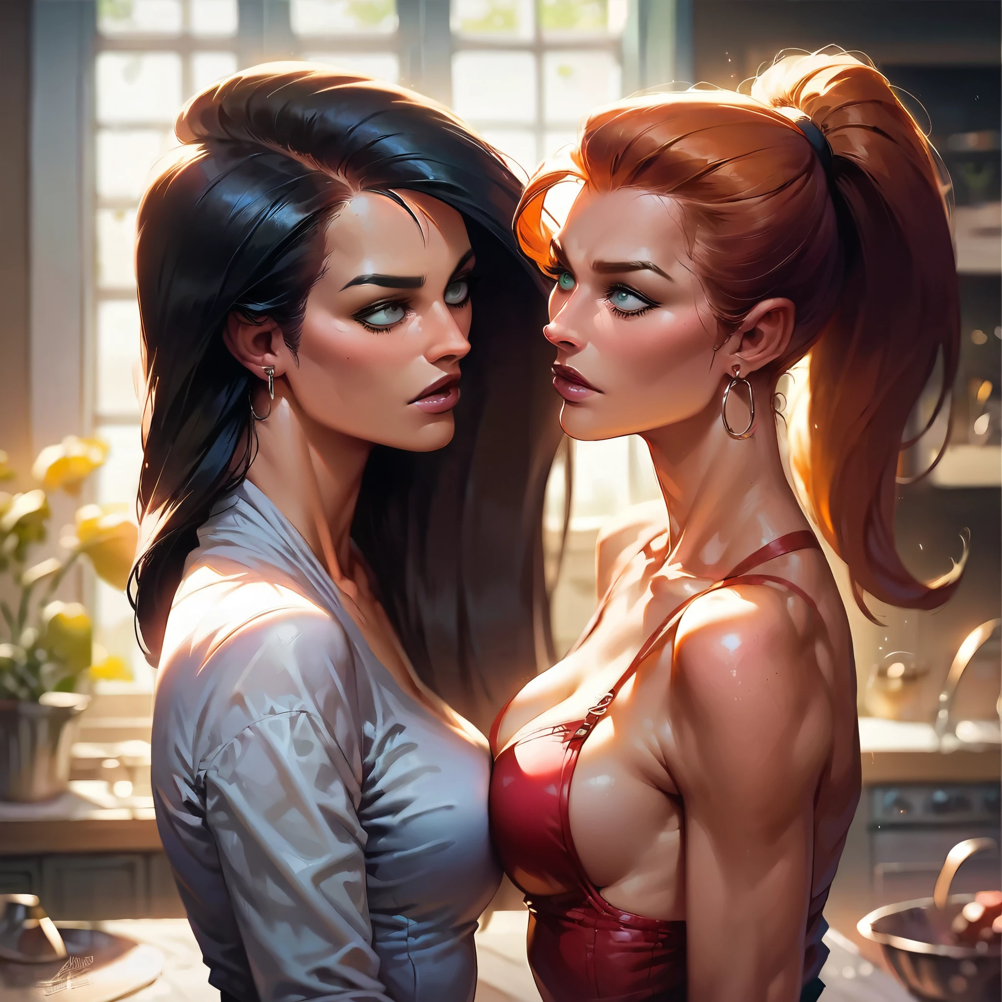 score_9, score_8_up, score_7_up, score_6_up, score_5_up, (high quality, detailed, beautiful), detailed soft lighting, rating_safe, 2girls, Kim Possible, Vanessa Doofenshmirtz, imminent kiss, lovers, open eyes, in the kitchen.