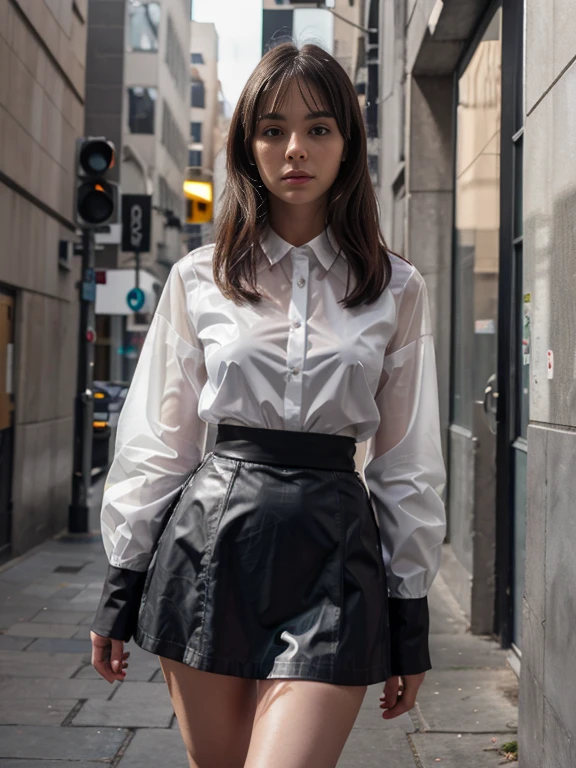 dark gray nylon mini skirt and white transparent blouse 