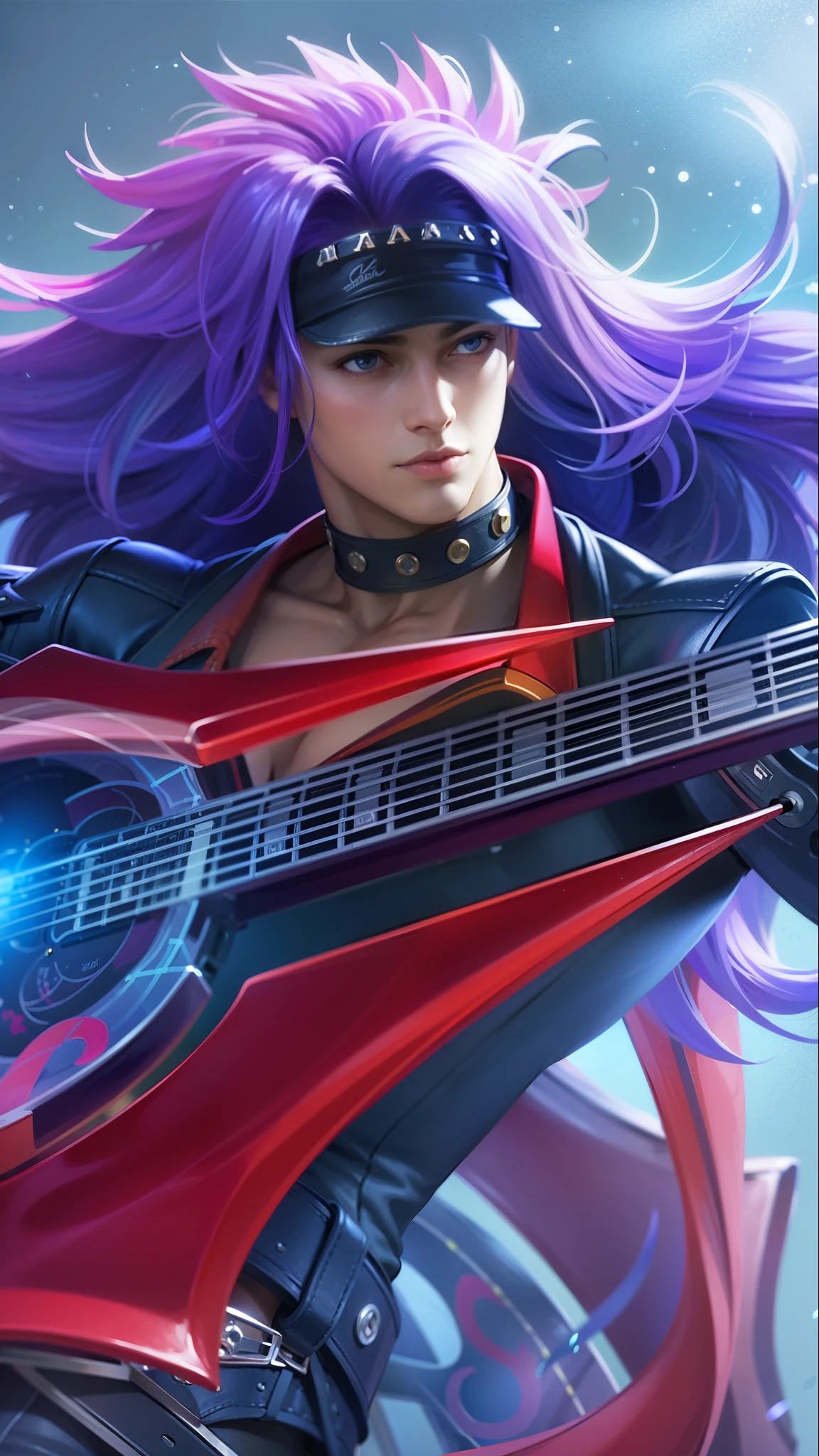 a guy with purple hair and a guitar in her hands, Best quality, masterpiece, detailed skin texture, detailed clothes texture, detailed face, super detail, 8k, intricate detail, 1 boy, The color doesn't change, Muscle guy, 1 guy, blue eyes.