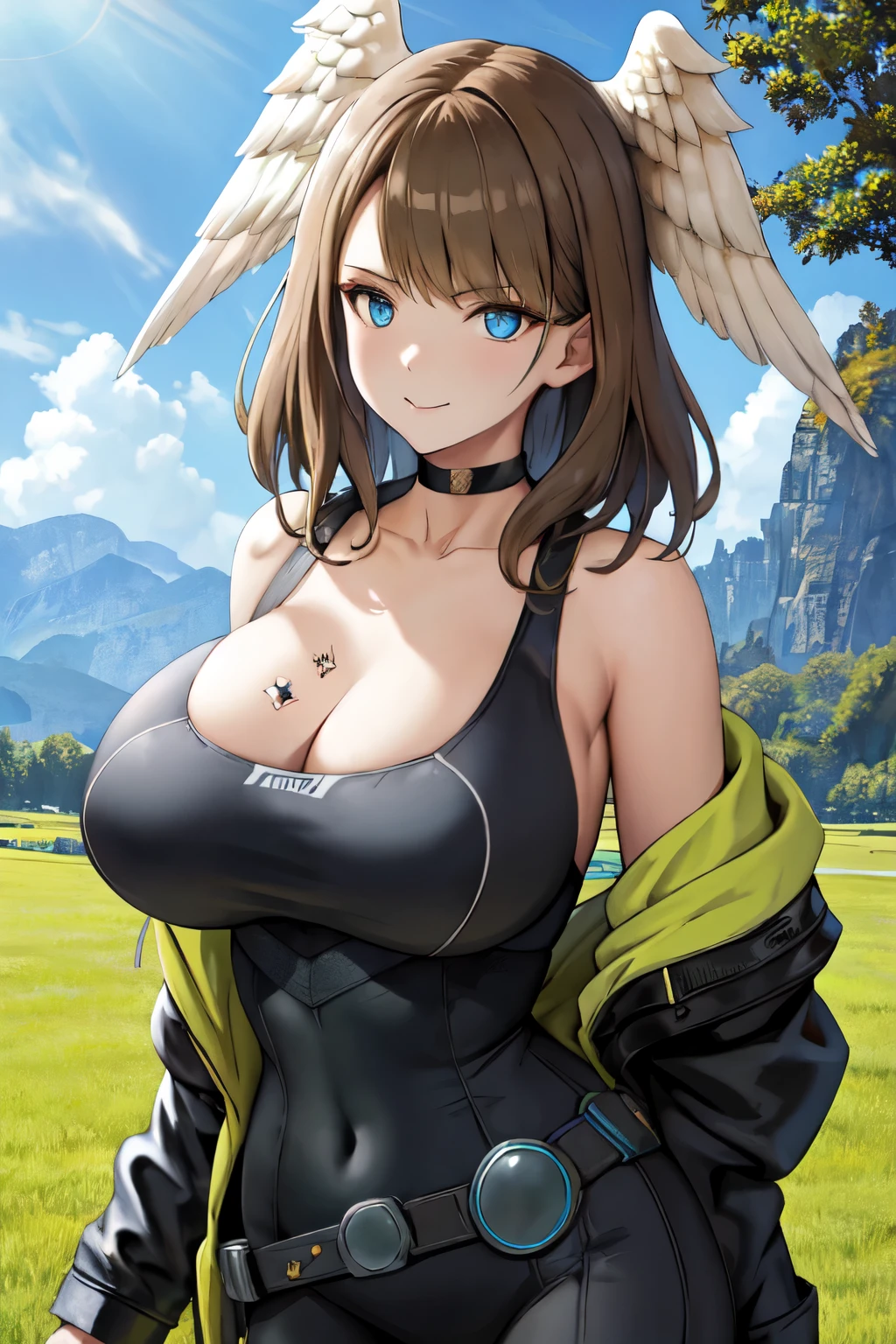 eunie,1girl,looking at viewer, light smile, brown hair, black choker,open jacket, bare shoulders,  chest tattoo,  jacket, head wings,blue eyes,bodysuit, black jacket, bangs, deep cleavage, breast pocket,  medium hair, green hoodie, ((huge breasts:1.3)), outdoors,  lawn, scenery, tree shade,, (illustration:1.1),(best quality),(masterpiece:1.1), cowboy shot