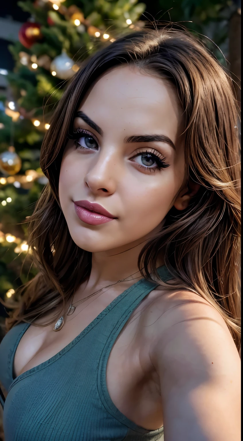 Elizabeth Gillies, bigfaketits, 1 mulher, americano, ((Selfie na parte superior do corpo, feliz)), lindo, olhos verdes, lindo lips, cabelo loiro mel, cabelos longos, ondulados e cacheados,((Selfie na parte superior do corpo, feliz)), Filmando em uma tenda, Linda luz de fundo, ,Obra de arte, melhor qualidade, ultra-detalhado, Sozinho, exteriores, (a noite), montanhas, natureza,  alegre, feliz, analog style (olhando para o espectador:1.2) (textura da pele) (film grain:1.3), (tom quente, tom quente:1.2), fechar-se, cinematic light, side lighting, Ultra-high resolution, melhores sombras, ..CRU, metade superior do corpo, vestindo moletom de Natal, Relaxed and intimate photos, cabelos loiros,