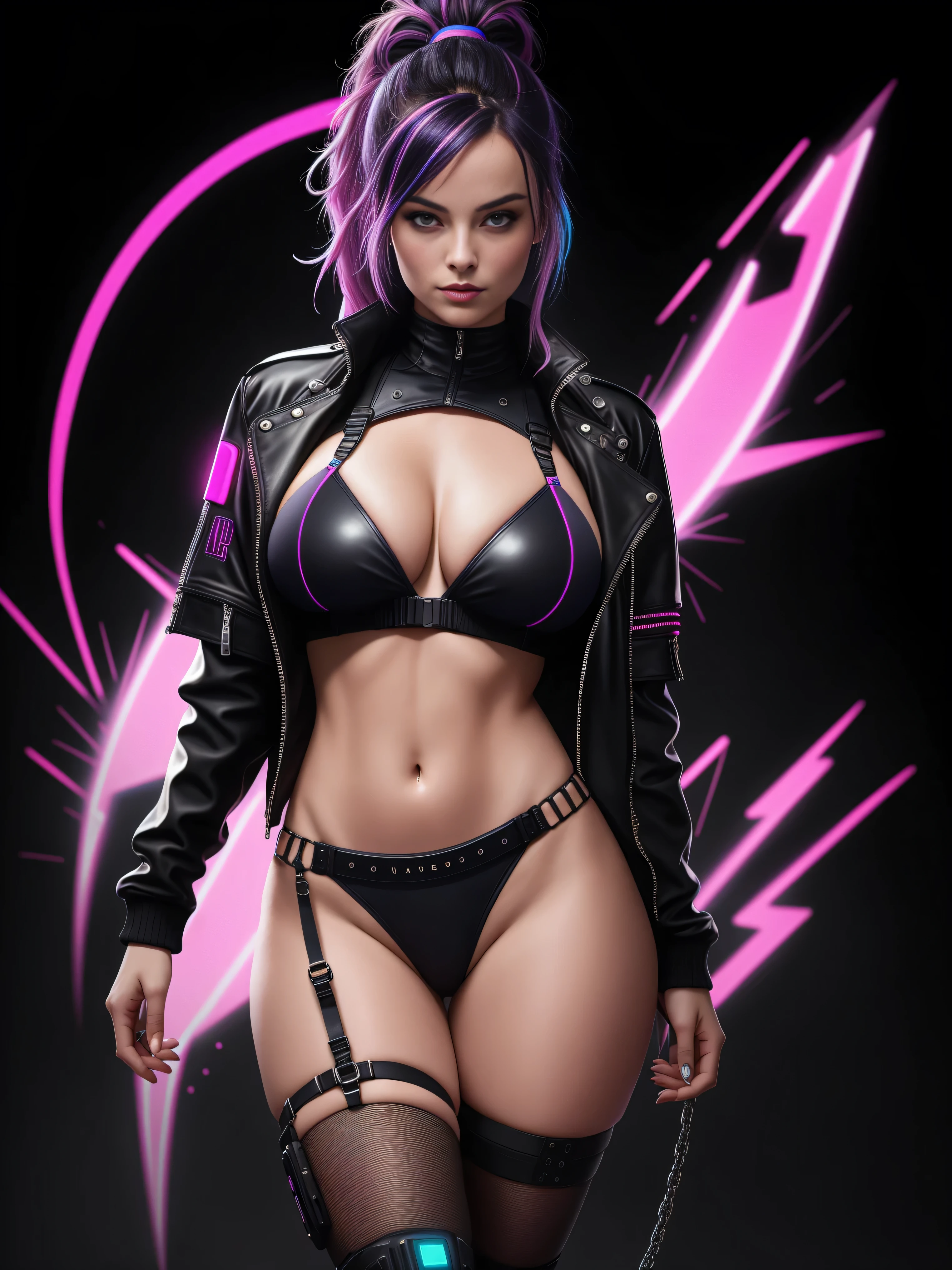 there is Margot Robbie, navy blue and bright purple neon streaked hair, hair in pony tail, 3 d neon art of a womans body, neon-noir background, cyberpunk femme fatale, seductive cyberpunk dark fantasy, cyberpunk strip clubs, cyberpunk 20 y. o model girl, oppai cyberpunk, banner, high definition cgsociety, cgsociety masterpiece, trending on cgstation, kda, random hair, looking at camera, gigantic breasts, cleavage, (high detailed skin:1.2), 8k uhd, dslr, super lighting, high quality, film grain, high res, highly detailed, hyper realistic, beautiful face, beautiful body, beautiful eyes nose lips, alluring expression, very bold, upper  visible, full body photo, standing legs apart, pale translucent glowing skin, most beautiful face, cute, (well defined pubic hair:1.2)), (dark plain black background:1.4))