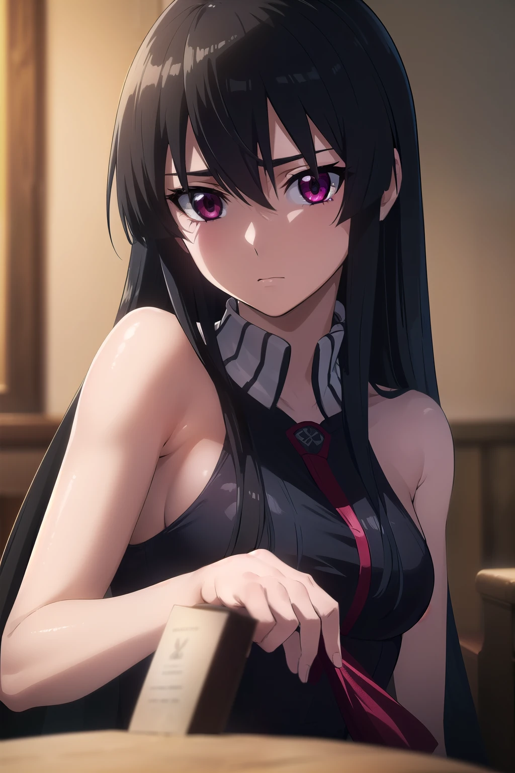 A highly detailed portrait of a beautiful girl with long black hair, red eyes, and hair between her eyes, wearing a black bikini, posing in a pool with a wet body, large breasts, and blushing expression, (best quality,4k,8k,highres,masterpiece:1.2),ultra-detailed,(realistic,photorealistic,photo-realistic:1.37),intricate details,hyper realistic,highly detailed facial features,extremely detailed eyes and face,longeyelashes,very detailed skin,vivid colors,cinematic lighting,dramatic lighting,depth of field,award winning,professional photography. 

Estilo anime, Akamegakill, abdomen definido, abdomen marcado.