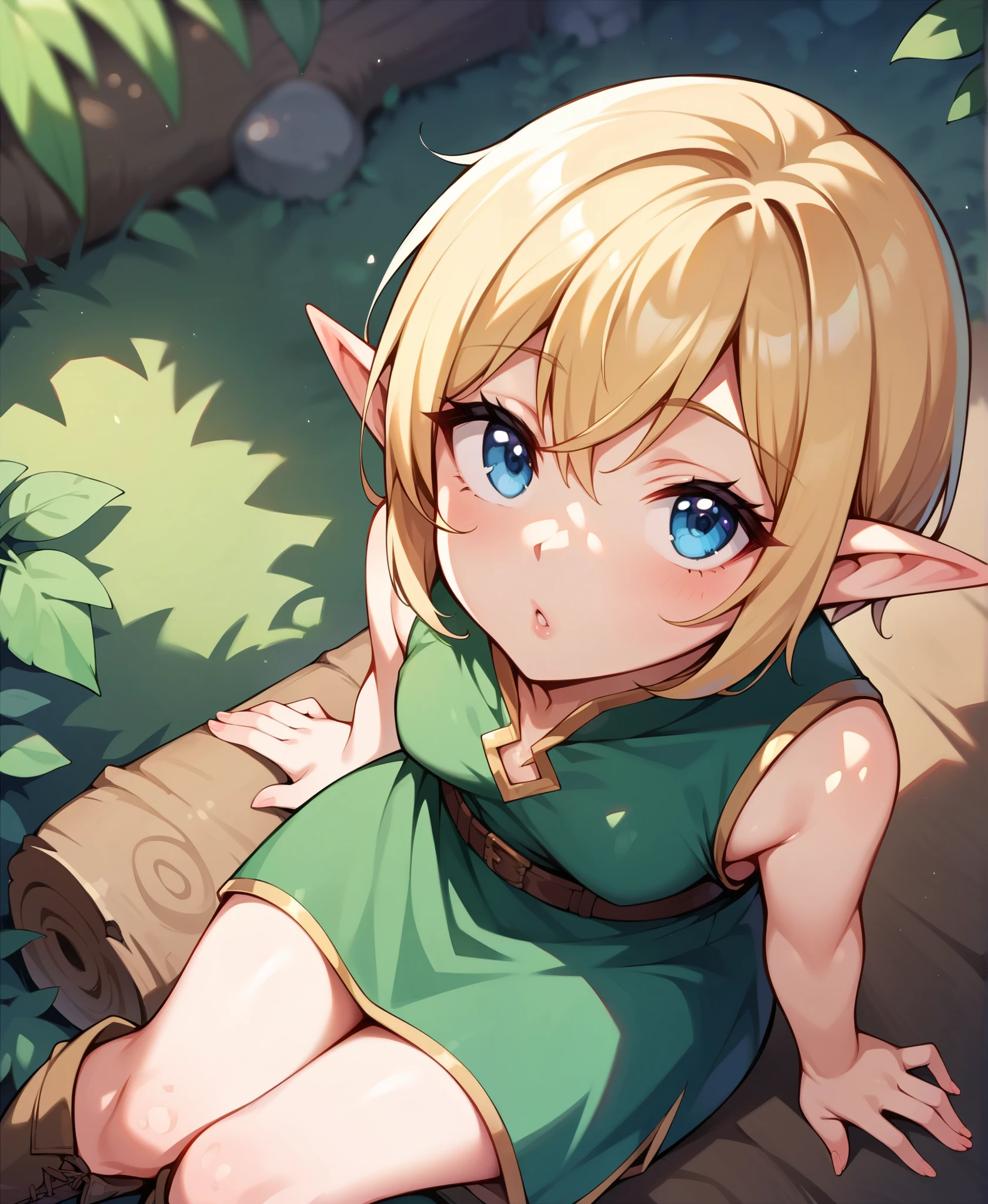 score_9, score_8_up, score_7_up, score_6_up, source_anime, BREAK, 1girl, solo, elf girl, elf ears, pixie, sitting on log, forest, blue eyes,from above,looking up,ground,blonde hair,(dappled sunlight:1.2),blurry,depth of field, boots,leaf