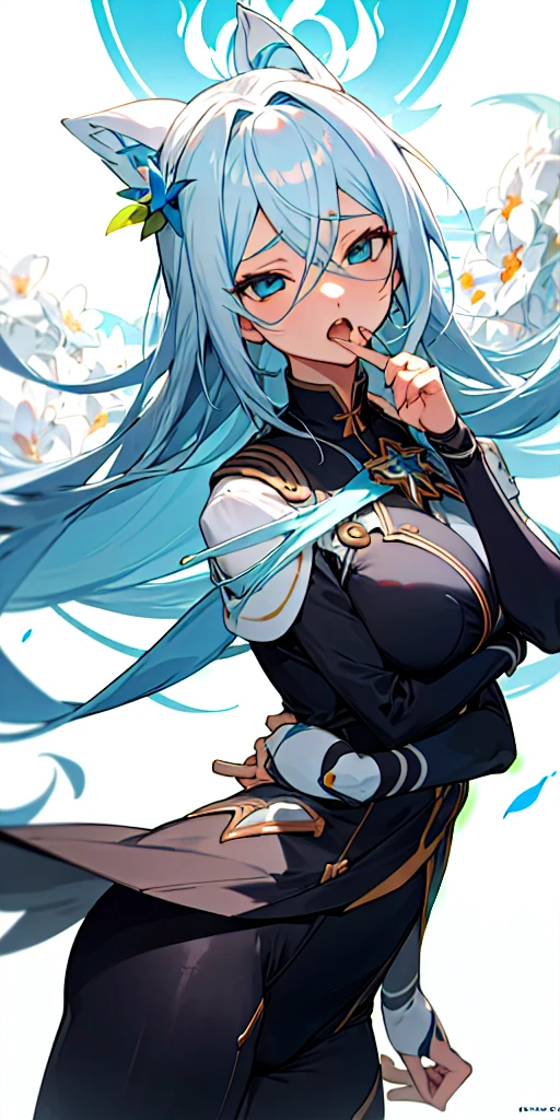 personagem de anime (Grande) de avental branco e cabelo preto, Estilo Linha Azur, fleet series style, pixiv 3dcg, Ahegao, coroa de flores, estilo de arte anime moe, do videogame Azur Route, oppai biomechanics, melhor classificado no Pixiv, melhor qualidade, 8K HD, fenda apertada, meio nu