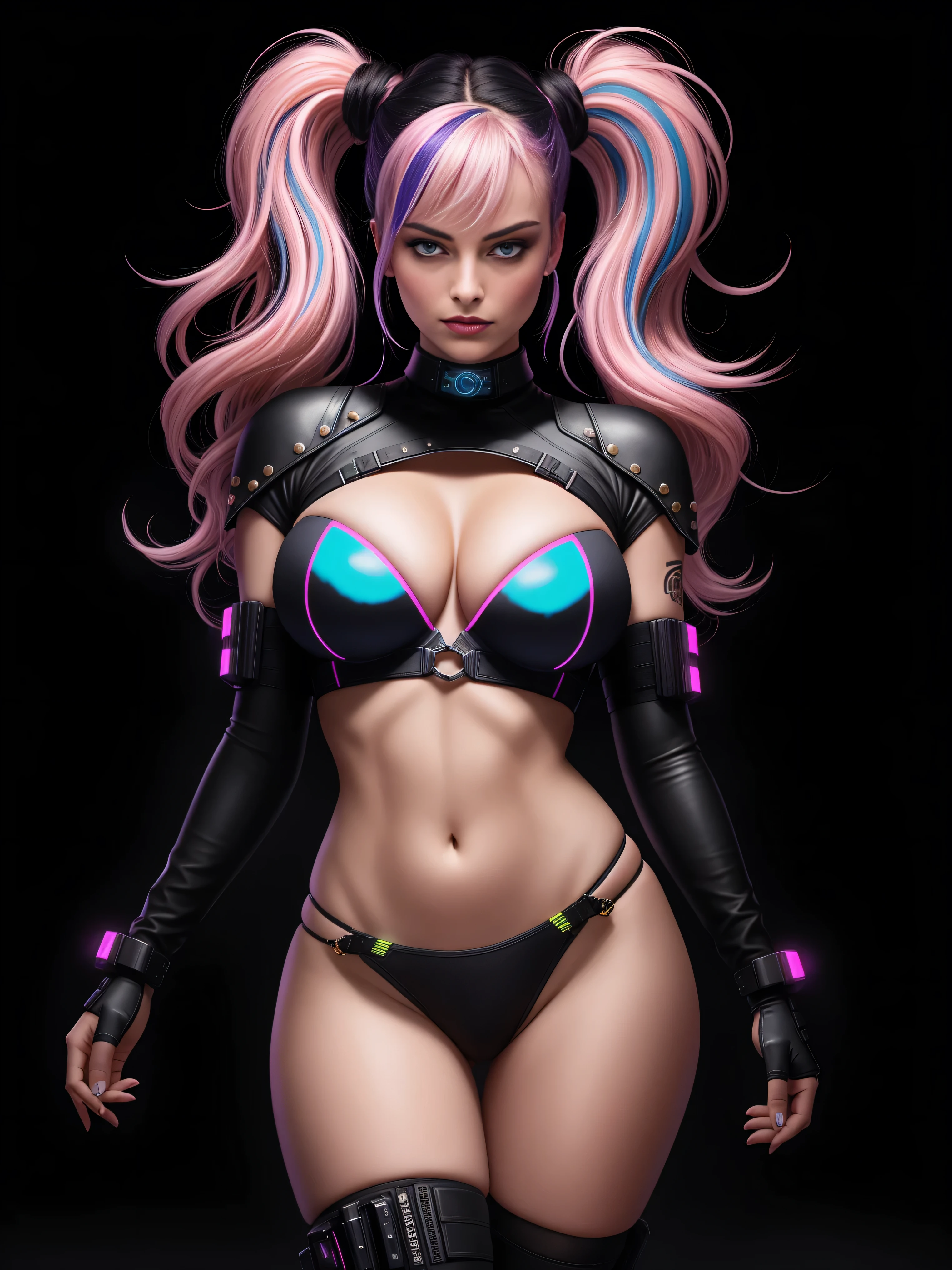 there is Margot Robbie, navy blue and bright purple neon streaked hair, hair in pony tail, 3 d neon art of a womans body, neon-noir background, cyberpunk femme fatale, seductive cyberpunk dark fantasy, cyberpunk strip clubs, cyberpunk 20 y. o model girl, oppai cyberpunk, banner, high definition cgsociety, cgsociety masterpiece, trending on cgstation, kda, random hair, looking at camera, gigantic breasts, cleavage, (high detailed skin:1.2), 8k uhd, dslr, super lighting, high quality, film grain, high res, highly detailed, hyper realistic, beautiful face, beautiful body, beautiful eyes nose lips, alluring expression, very bold, upper  visible, full body photo, standing legs apart, pale translucent glowing skin, most beautiful face, cute, (well defined pubic hair:1.2)), (dark plain black background:1.4))