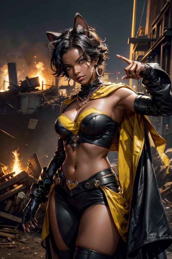 (masterpiece,stunning girlfriend, (standing:1.1), dynamic pose, heart shaped face, elegant face, beautiful face, highly detailed face, highres, masterpiece,best quality,original,extremely detailed CG,extremely detailed wallpaper,perfect lighting,looking at viewer,bare hands,1girl, SiennaKhan,short hair,black hair,animal ears,yellow eyes,cat ears,dark skin,dark-skinned female,gloves,jewelry,earrings,cape,facial mark,cleavage cutout,hoop earrings, standing, outside, dystopian future, post apocalyptic city, crowd, (crowd in military uniforms), bonfires, closed mouth, serious look, serious expression, looking at viewer,