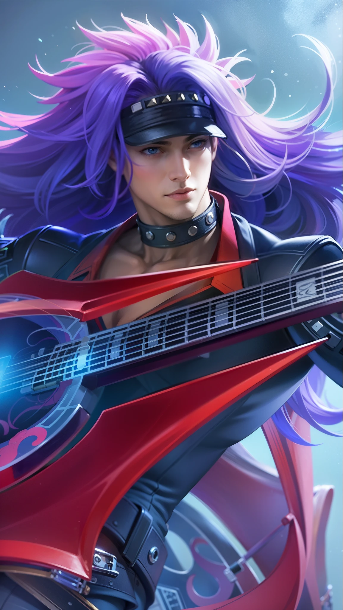 a guy with purple hair and a guitar in her hands, Best quality, masterpiece, detailed skin texture, detailed clothes texture, detailed face, super detail, 8k, intricate detail, 1 boy, The color doesn't change, Muscle guy, 1 guy, blue eyes.