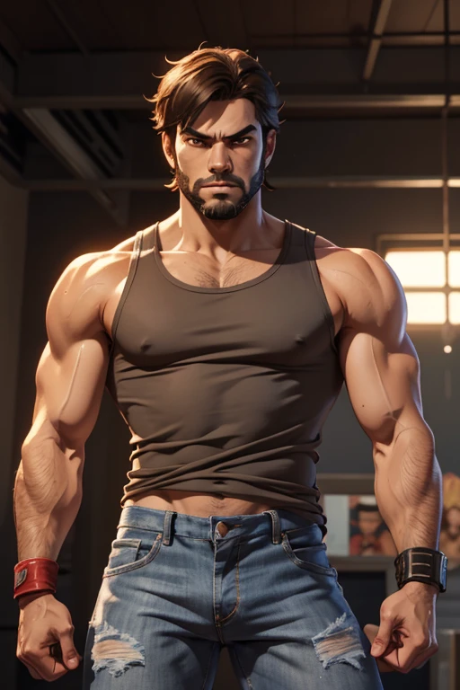 Tekken-style character, young man about 30 years old, physique of a fighter, young man with Latin American features, light brown eyes, short shoulder-length hair with long bangs, soft beard, in a gray tank top, tight jeans, fighting bands in his hands