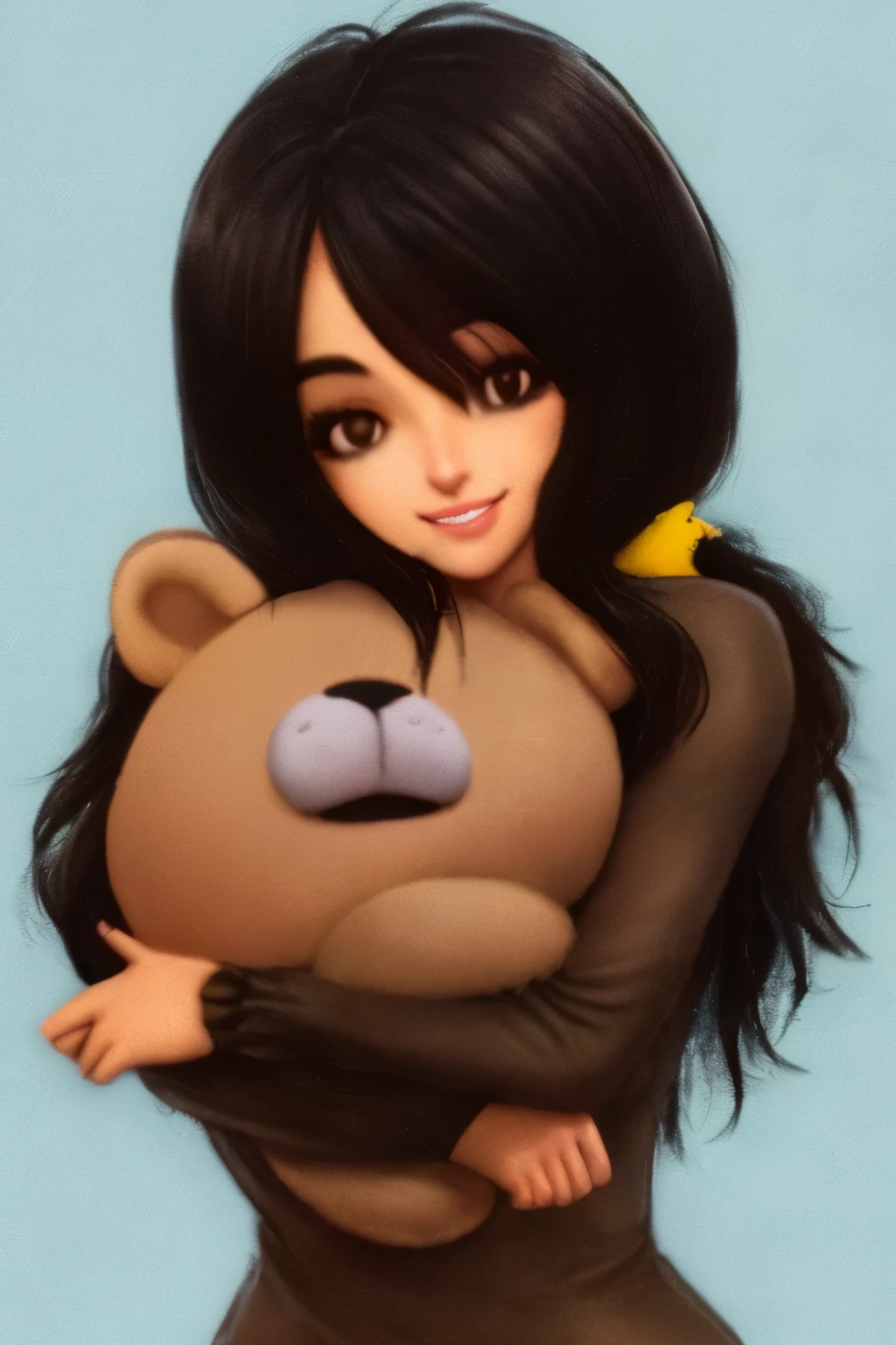 Chica con cabello super negro, sonriente moentras abraza a un peluche