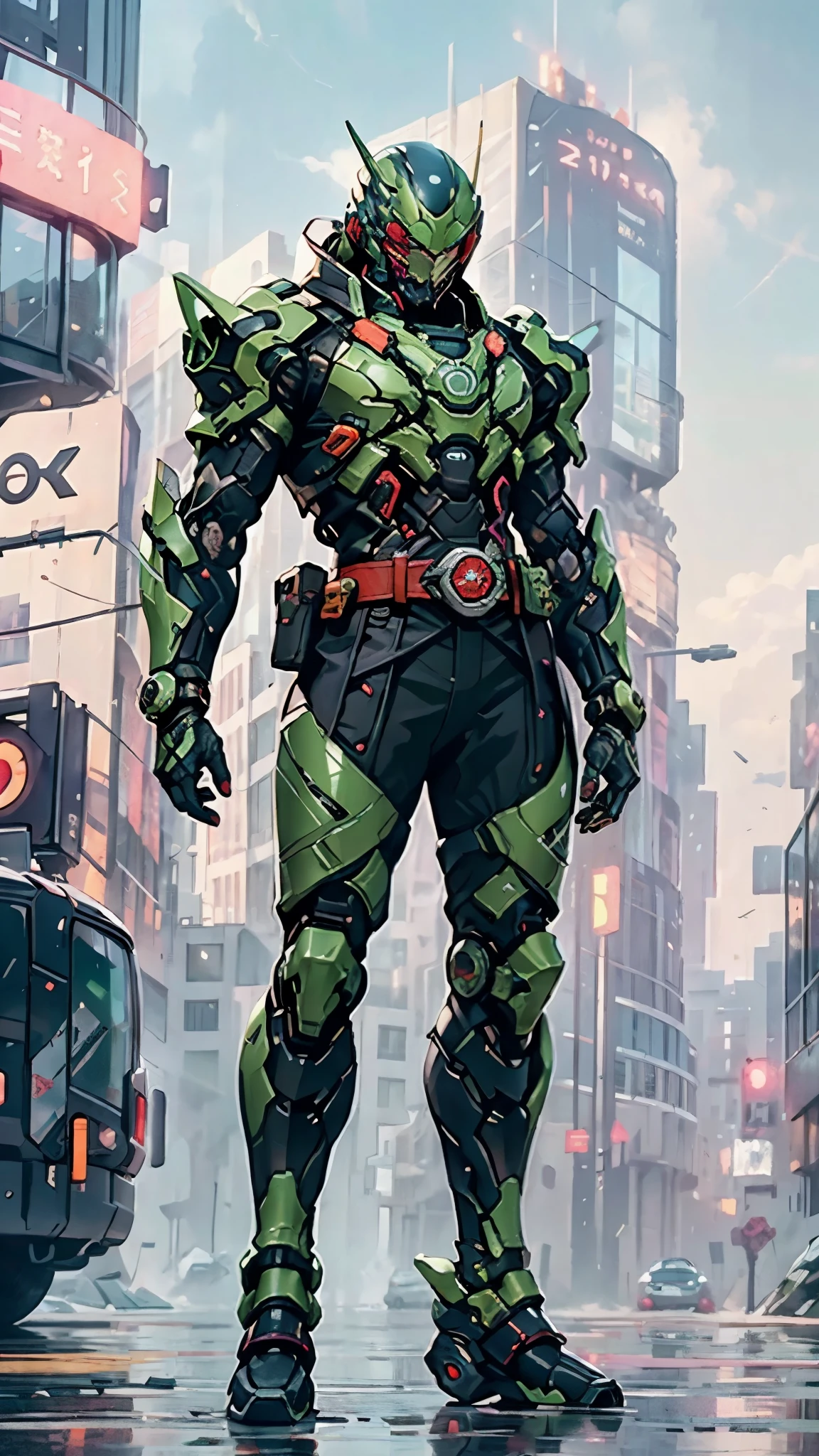 A man wearing a full-face helmet, a fantasy-style biotech armored combat suit, green eyes, (a composite layered chest armor), fully enclosed shoulder guards, matching arm and leg guards, the belt is adorned with exhaust pipes, (the color scheme is primarily black glow with green and red accents), the design balances heavy with agility, a high-tech bio-mecha armor, (Armor Concept Inspired by Cyberpunk motorcycle, stand on the top of a skyscraper in a futuristic sci-fi city), this character embodies a finely crafted fantasy-surreal style armored hero in anime style, exquisite and mature manga art style, (battle damage, element, plasma, energy, the armor glows), ((male:1.5)), metallic, real texture material, dramatic, high definition, best quality, highres, ultra-detailed, ultra-fine painting, extremely delicate, professional, perfect body proportions, golden ratio, anatomically correct, symmetrical face, extremely detailed eyes and face, high quality eyes, creativity, RAW photo, UHD, 32k, Natural light, cinematic lighting, masterpiece-anatomy-perfect, masterpiece:1.5