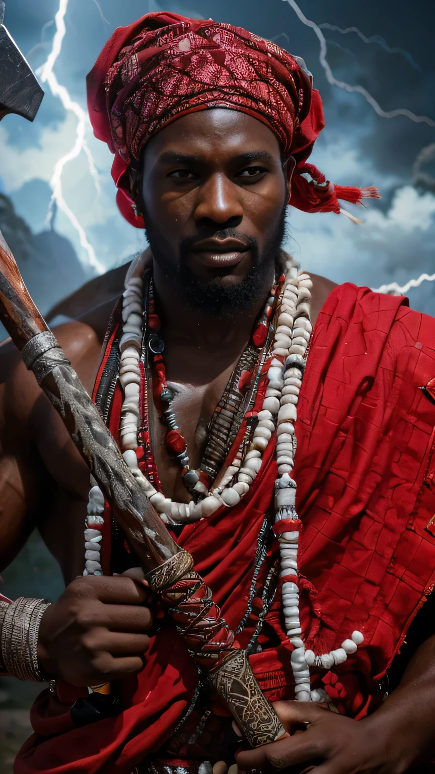 a muscular Nigerian man, braided hair, wearing red and white Yoruba clothes and accessories, holding a double axe, leading a divine army, thunder in the background, 8k, highly detailed, photorealistic, dramatic lighting, vibrant colors, powerful, majestic, mythological, african god of thunder, concept art