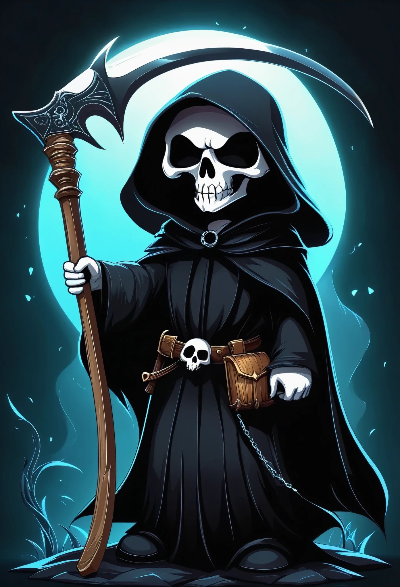 A cute little grim reaper, with a scythe and black cloak, in the dark fantasy style, rendered in octane.