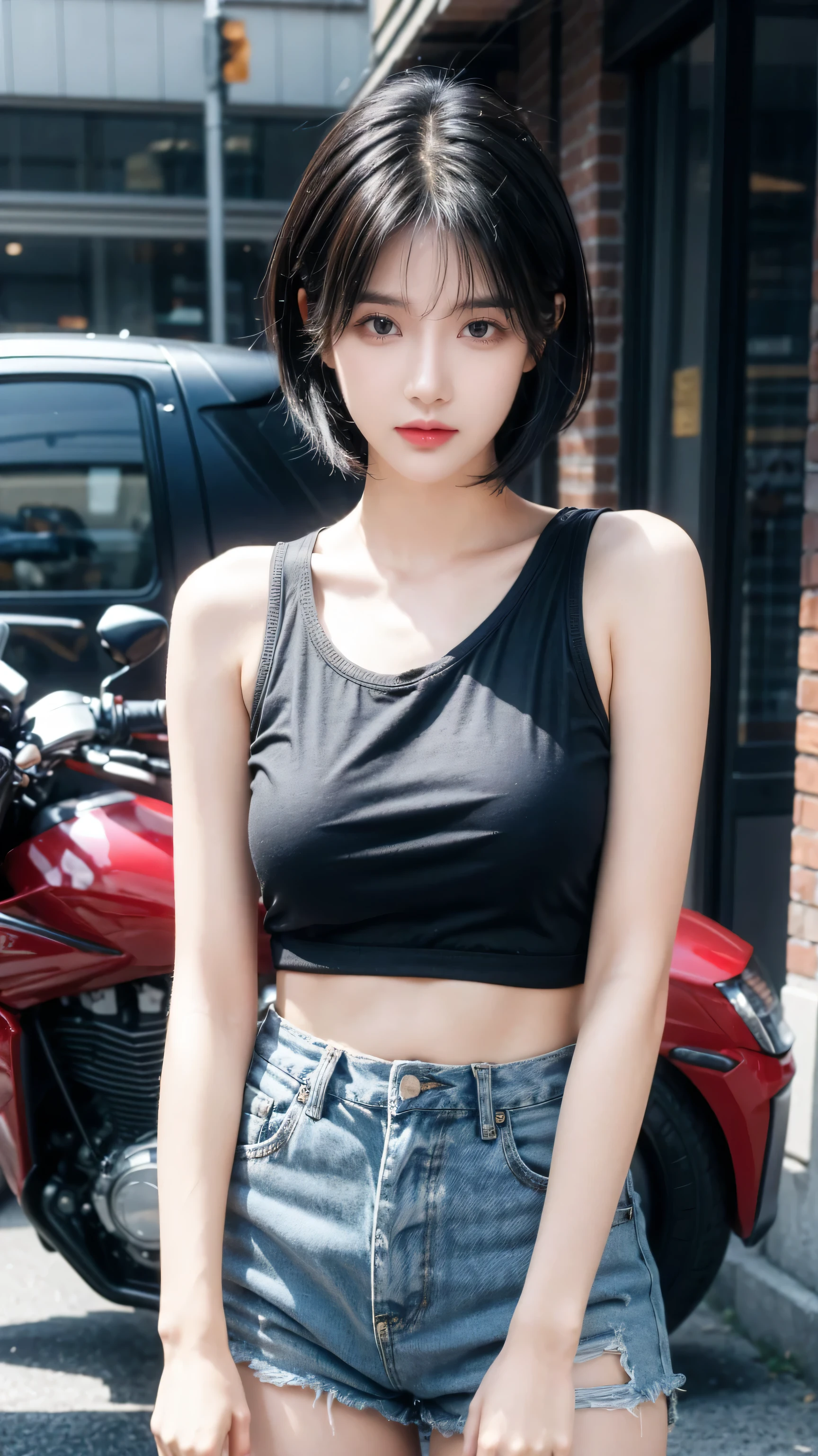 best quality, photo RAW 1/3 rule, 1 Girl, dark blue hair, black eyes, Very short hair, Spiky hair, dark blue oversize t-shirt, High waist short jeans, 171 cm, Messy hair, Hair between the eyes, Medium breasts, full, Tomboy, aldult, 20 years old, 1 Girl near red down motorcycle