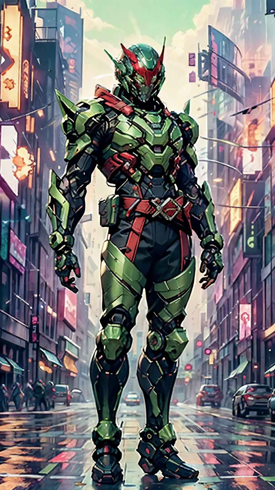 A man wearing a full-face helmet, a fantasy-style biotech armored combat suit, green eyes, (a composite layered chest armor), fully enclosed shoulder guards, matching arm and leg guards, the belt is adorned with exhaust pipes, (the color scheme is primarily black glow with green and red accents), the design balances heavy with agility, a high-tech bio-mecha armor, (Armor Concept Inspired by Cyberpunk motorcycle, stand on the top of a skyscraper in a futuristic sci-fi city), this character embodies a finely crafted fantasy-surreal style armored hero in anime style, exquisite and mature manga art style, (battle damage, element, plasma, energy, the armor glows), ((male:1.5)), metallic, real texture material, dramatic, high definition, best quality, highres, ultra-detailed, ultra-fine painting, extremely delicate, professional, perfect body proportions, golden ratio, anatomically correct, symmetrical face, extremely detailed eyes and face, high quality eyes, creativity, RAW photo, UHD, 32k, Natural light, cinematic lighting, masterpiece-anatomy-perfect, masterpiece:1.5