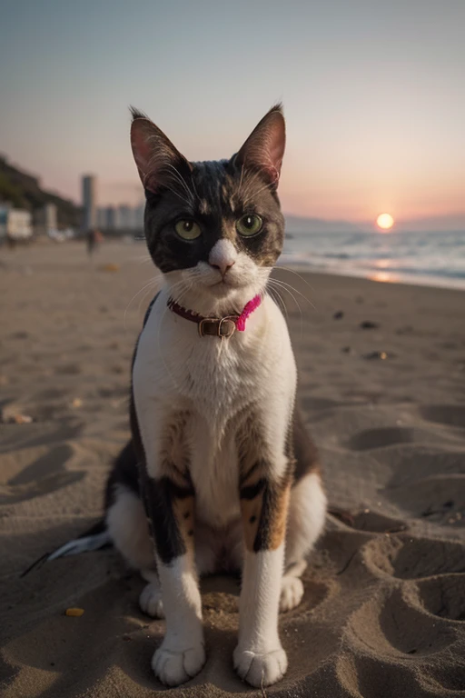 un gran gato texuedo esponjoso tomando selfie en una playa, Atardecer, lentes de ojo de pez, Tiro de establecimiento, pastel color gradation, cinematic depth of field effect, film noir genre, 8K resolution, Alta calidad, Ultra detalle