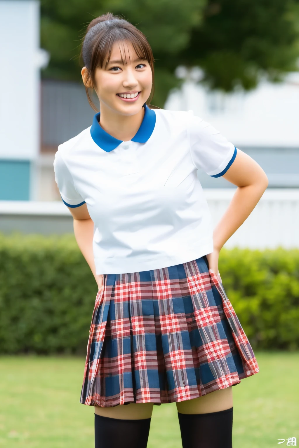 Ultra HD,A girl wearing a Japanese high , round face,Very cute face, Plaid microskirt,Japanese,18-year-old,A big smile,whole body,Thighs,Big Breasts,ponytail