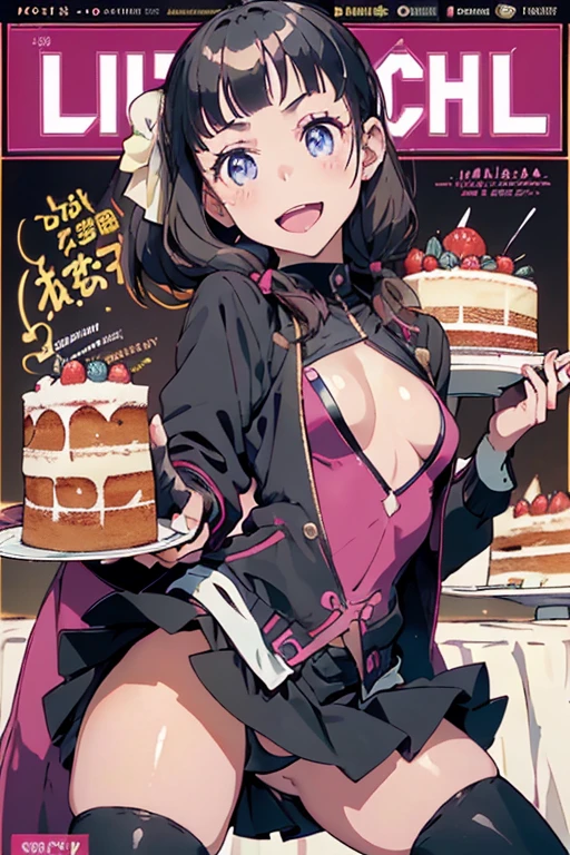 1 girl, small nose, very beautiful detailed face and eyes, bright colors, cute face, delicate beautiful face, Bright magenta eyes, cute eyes, sparkling eyes, Big eyes, (small breasts:1.3), (perky chest:1.1), (pointed chest:1.0), (cake magazine cover:1.3),highest quality, WorKs of masters, High resolution,BlacK color hair,shiny hair, side ponytail,hair between eyes,bangs, (black jacket, real clothes, cleavage, black skirts, black thighhighs, thigh strap, fingerless gloves, single glove:1.2) , spread legs, panties shot, medium hips, glamorous body, white skin, smile, thin pubric hair, super beautiful face, Super beautiful eyes, Super beautiful hair,trendy outfit,sexy and attractive,full body esbian, Real World, Natural light,perfect Natural light,(with sparkling eyes and a contagious smile), This masterpiece is not only visually stunning but also tells, A scene of cooking in the kitchen, open mouth, looking at viewer,