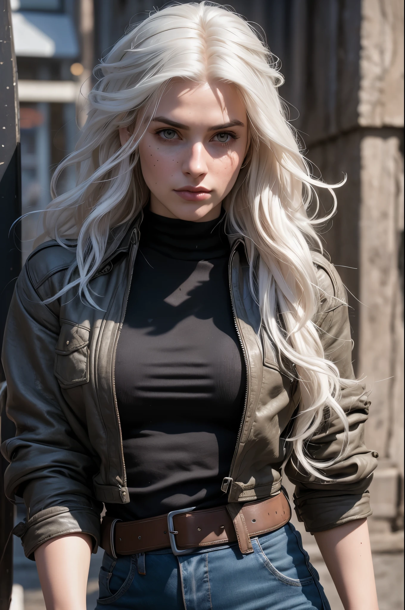 ultra realistic, details, beautiful woman, Yennefer's face from The Witcher game, white hair, freckles on her face, wavy hair, long hair, blue eyes, light skin, leather jacket, t-shirt, jeans, athletic body, fierce look, flat background (police officer) at a crime scene with a bloody body),